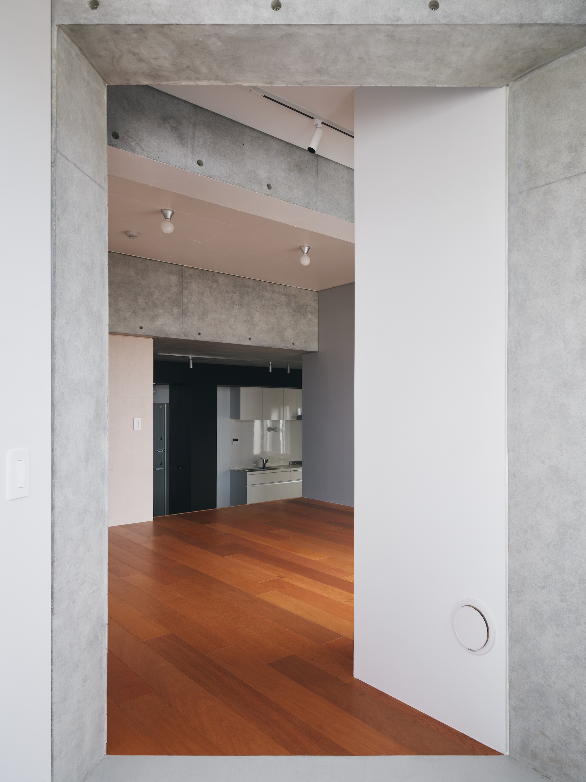 Doorway framed in board-marked concrete, opening onto a timber floor and a kitchen with a pivoting white panel door