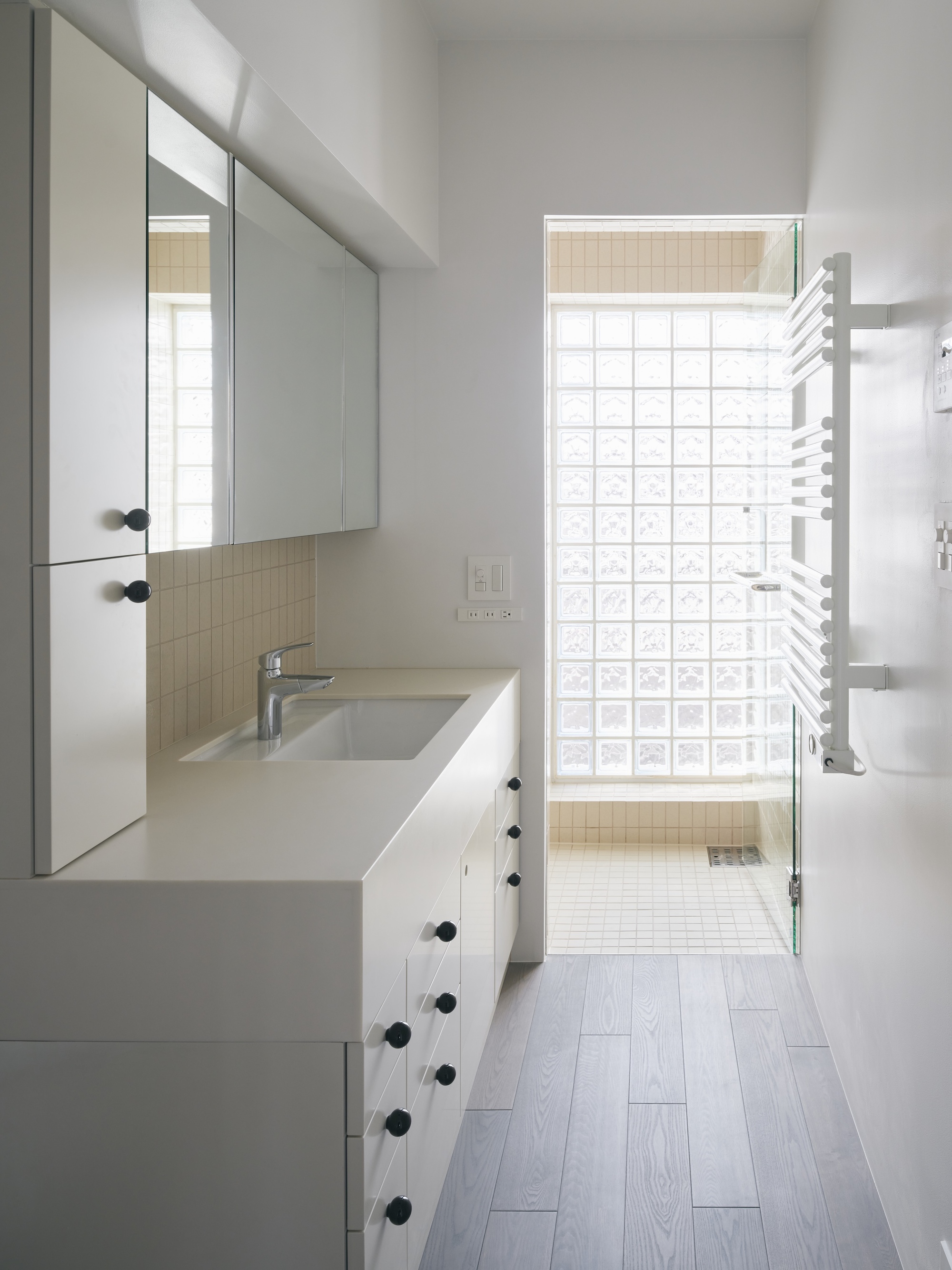 Narrow bathroom with white vanity, black knobs and a glass block wall lighting the tiled shower beyond