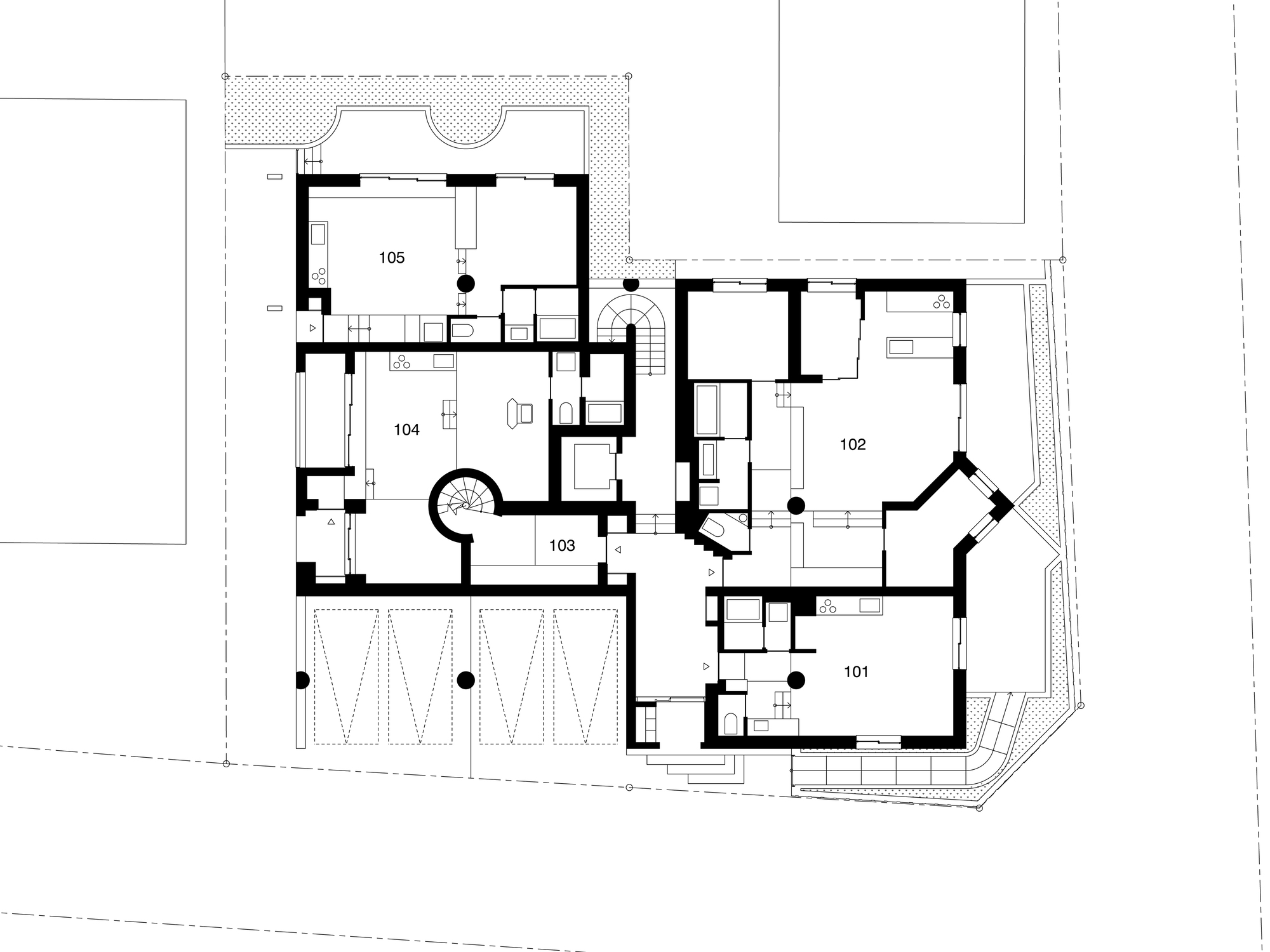 Ground floor plan drawing showing numbered apartments, a garage bay, spiral stairs and thick black walls around irregular rooms
