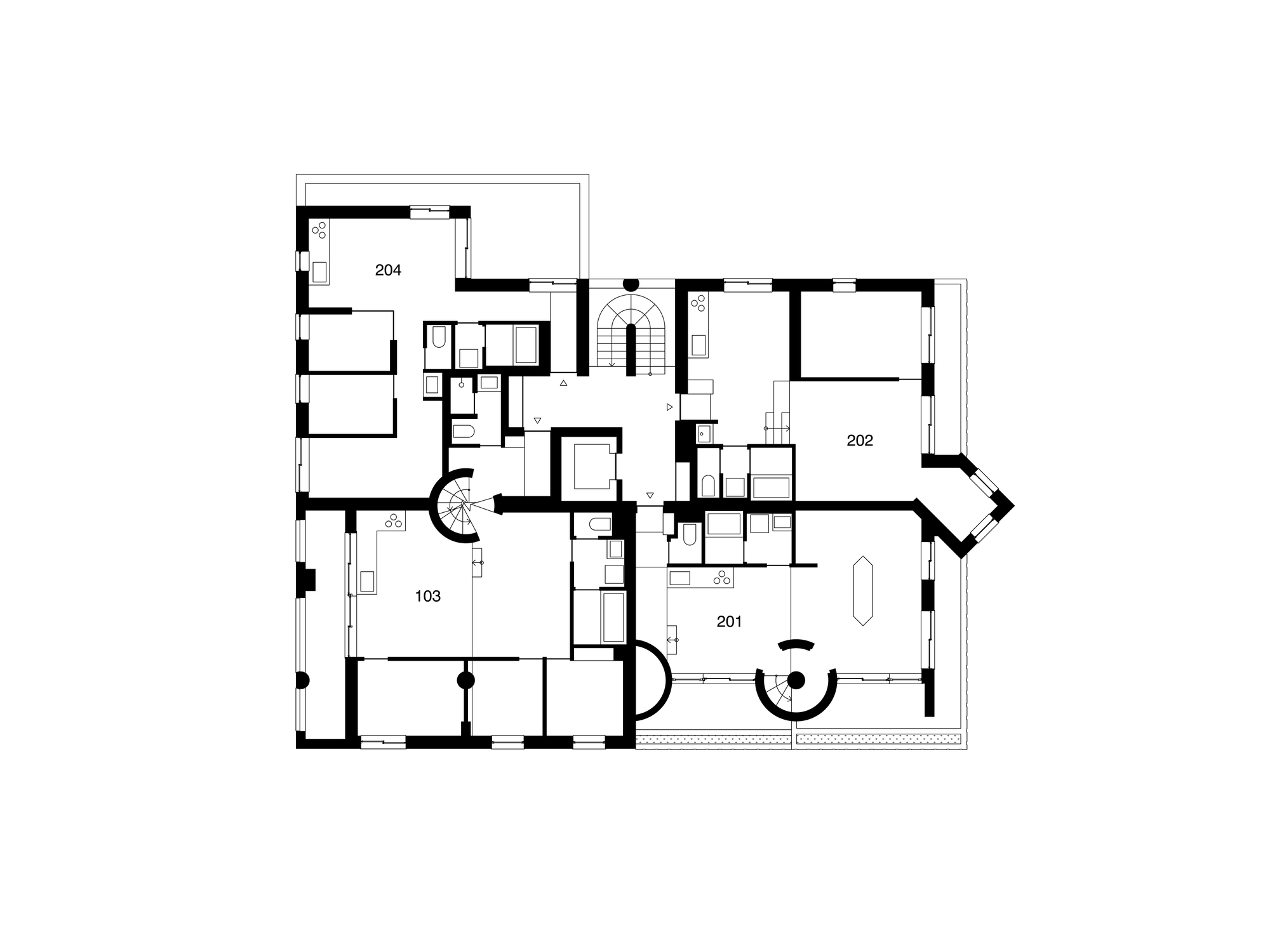 Upper floor plan drawing showing numbered apartments grouped around a central stair core with spiral stairs and angled bay