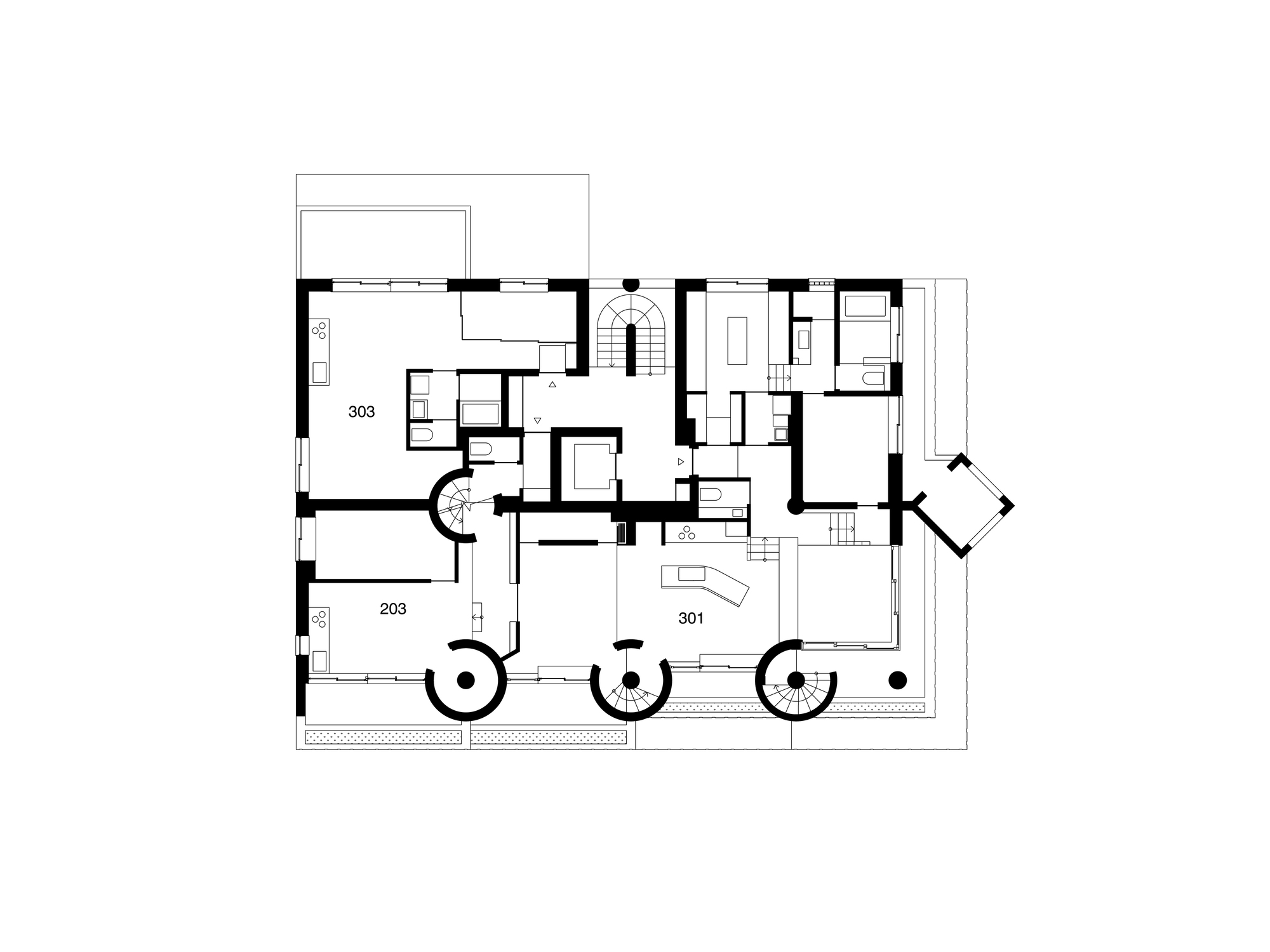 Floor plan drawing of a residential level with apartments 301, 303 and 203, circular stair turrets along the front edge and a central stair core