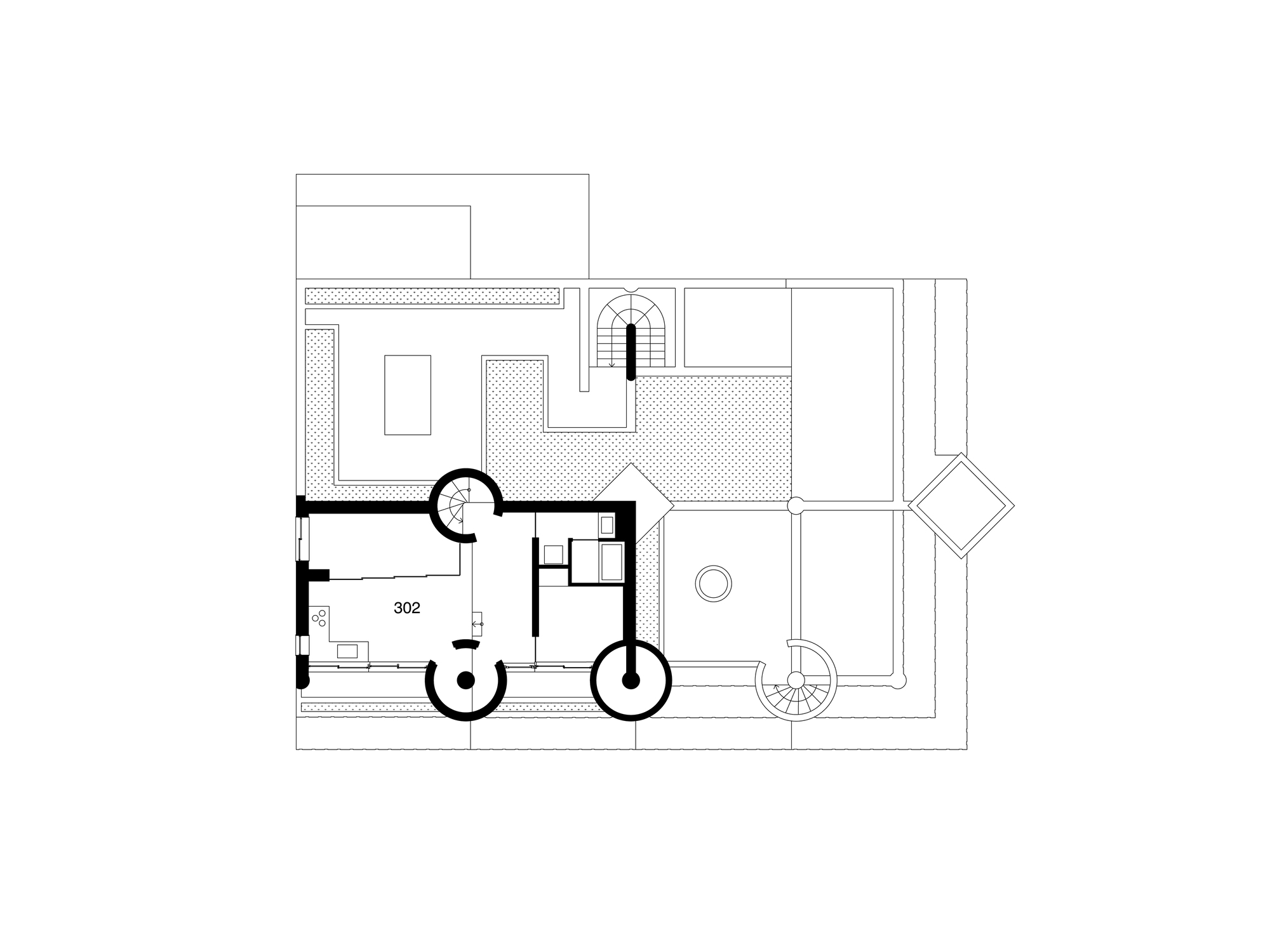 Upper floor plan drawing showing apartment 302 beside a roof terrace with planted beds, a rooftop stair and a tilted square pavilion