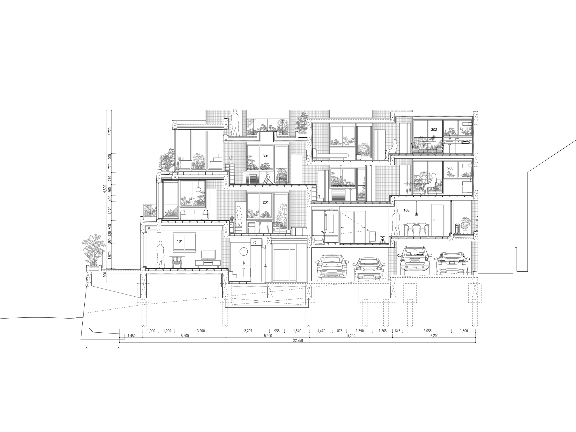 Building section drawing showing stacked, stepped apartments with terrace planting, figures in rooms and cars parked in the basement garage below