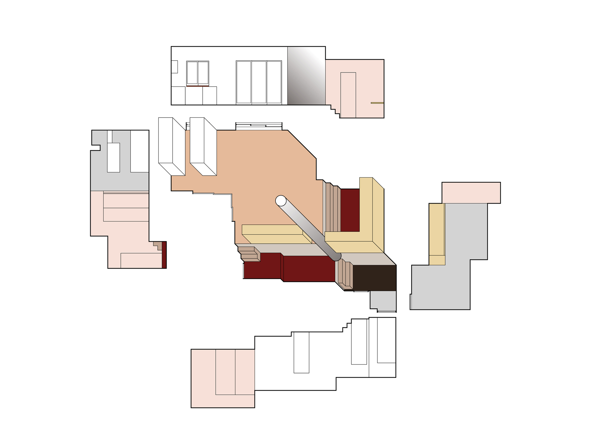 Unfolded interior drawing of one apartment, with colored wall surfaces opened out around a central floor plan and a diagonal gray cylinder