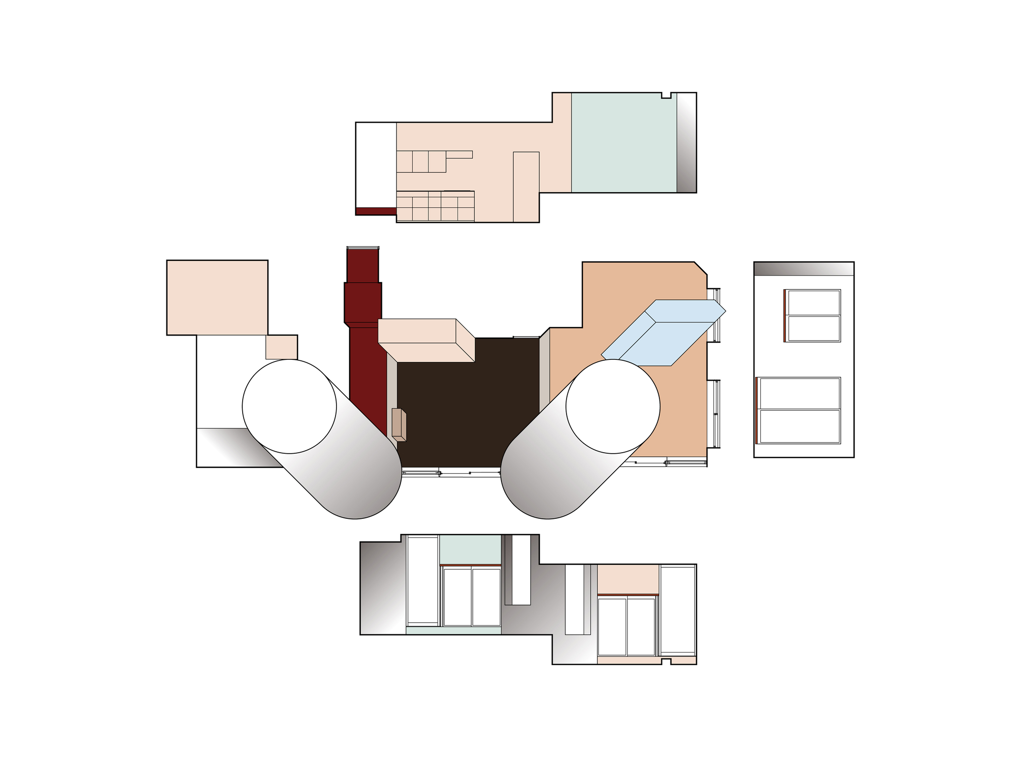 Unfolded interior drawing of an apartment with two large gray cylindrical volumes flanking a dark central floor and surrounding tinted wall elevations