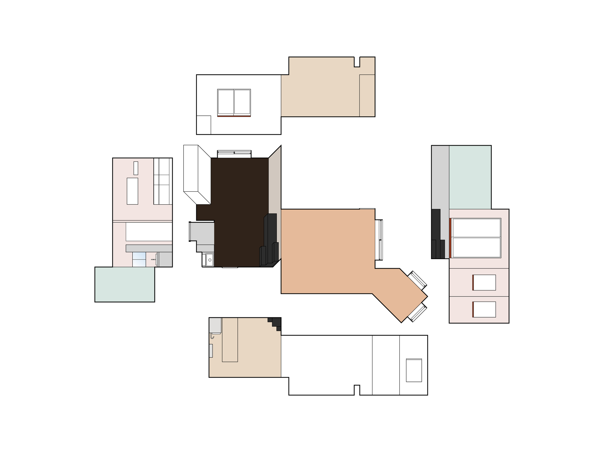 Unfolded interior drawing of an apartment showing a dark floor, a tan angled living area and surrounding wall elevations with windows and fittings