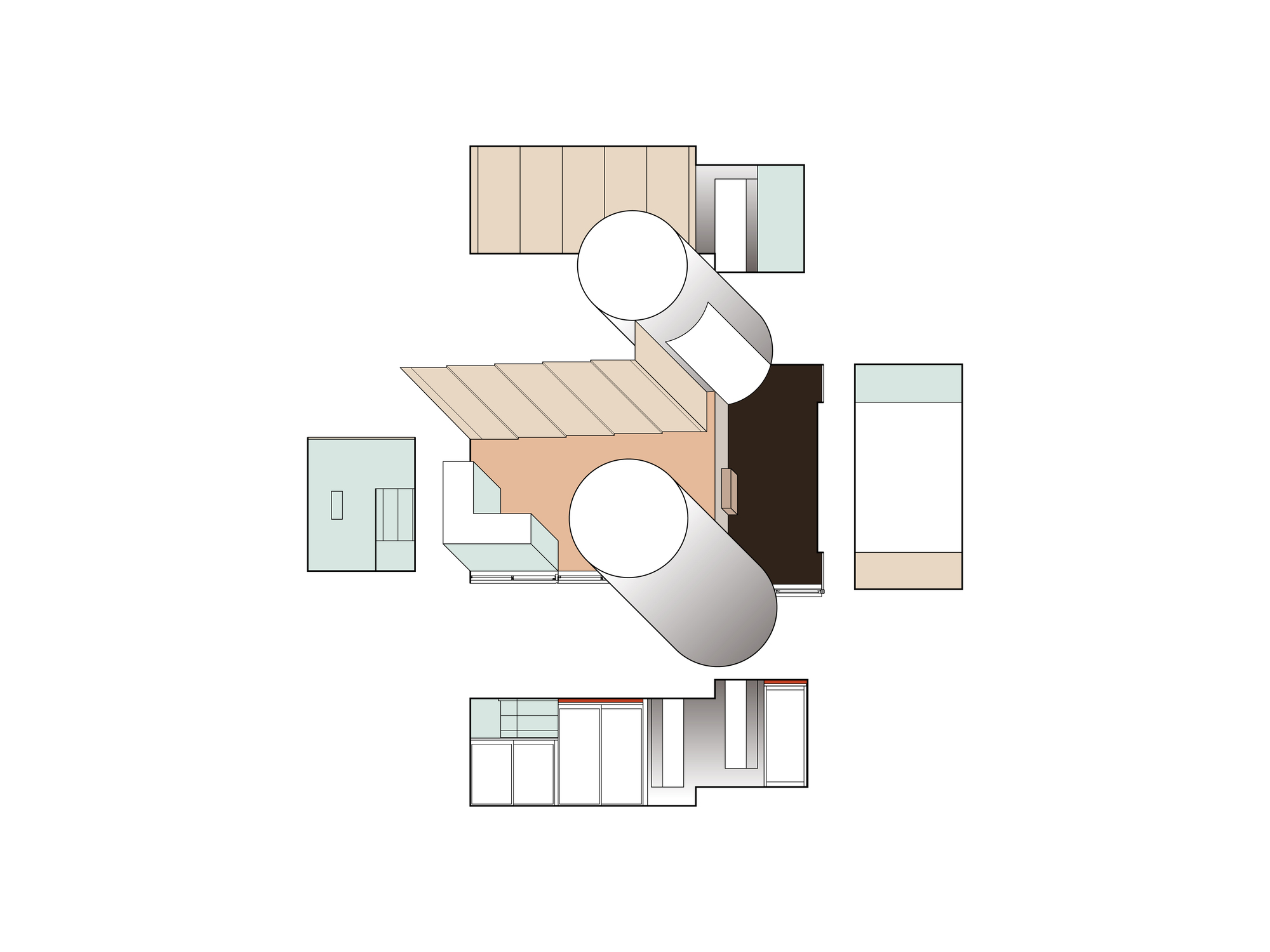 Exploded axonometric drawing of a small interior with two cylindrical volumes, surrounded by unfolded wall elevations in peach, pale green and dark brown