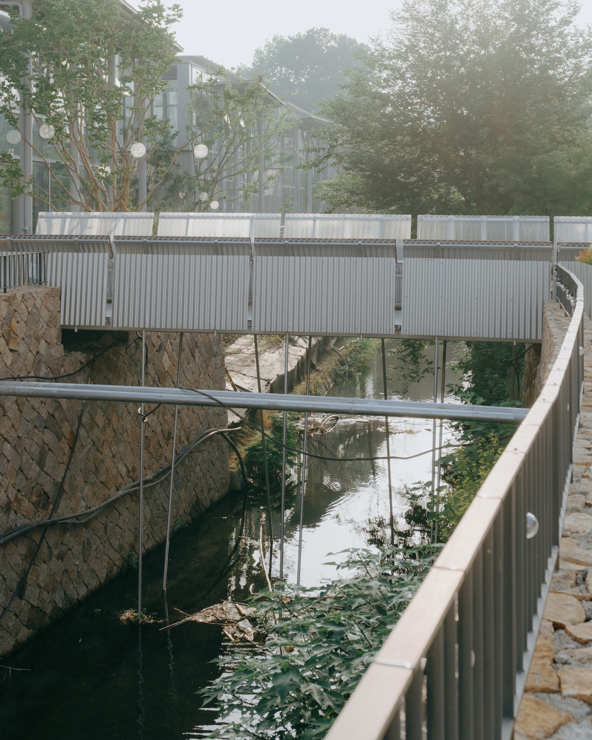 Corrugated metal footbridge spanning a narrow stream between stone walls, with a steel rail in the foreground and misty trees beyond