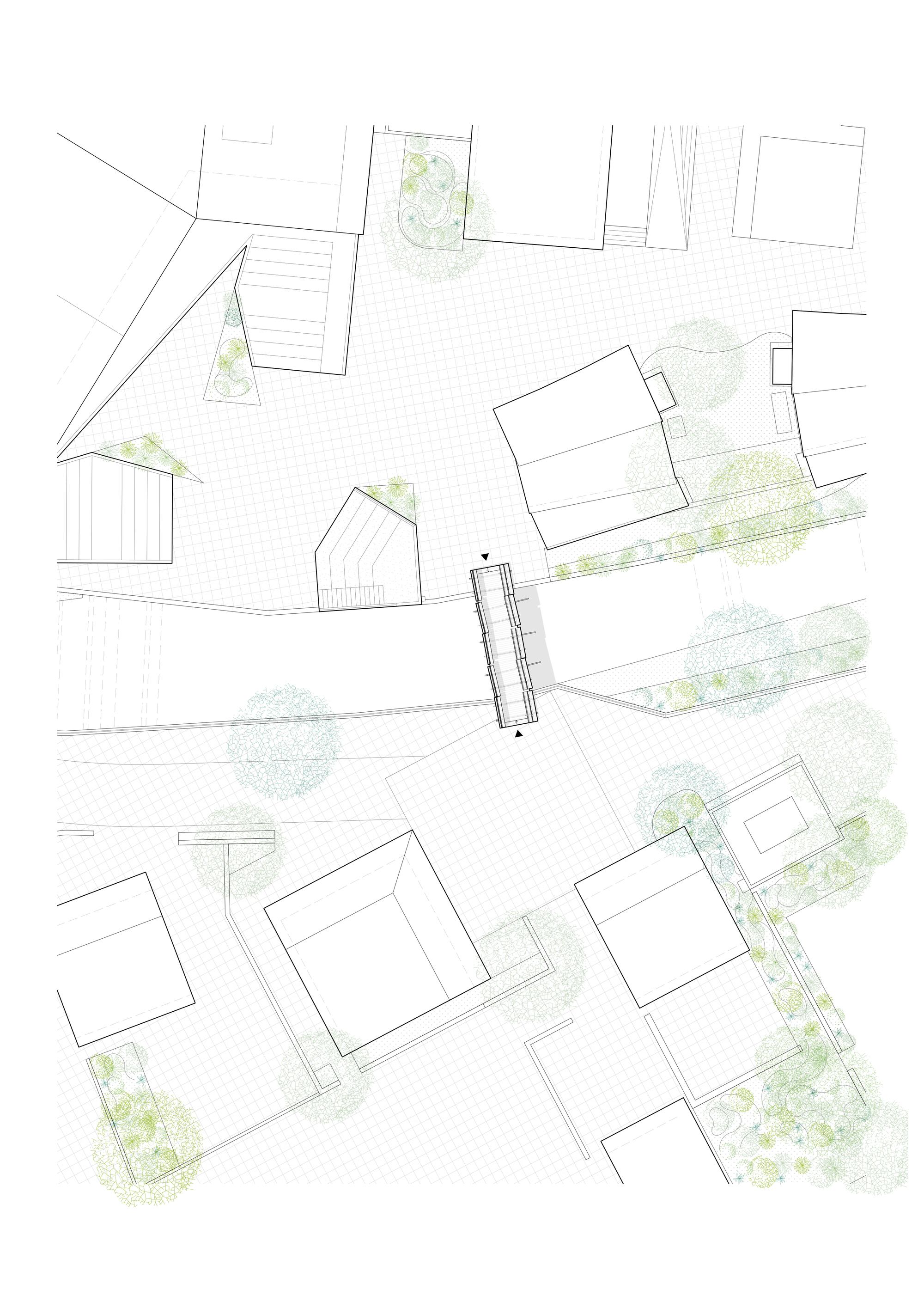 Site plan drawing showing a small bridge crossing a channel between scattered gabled buildings, courtyards and planted beds