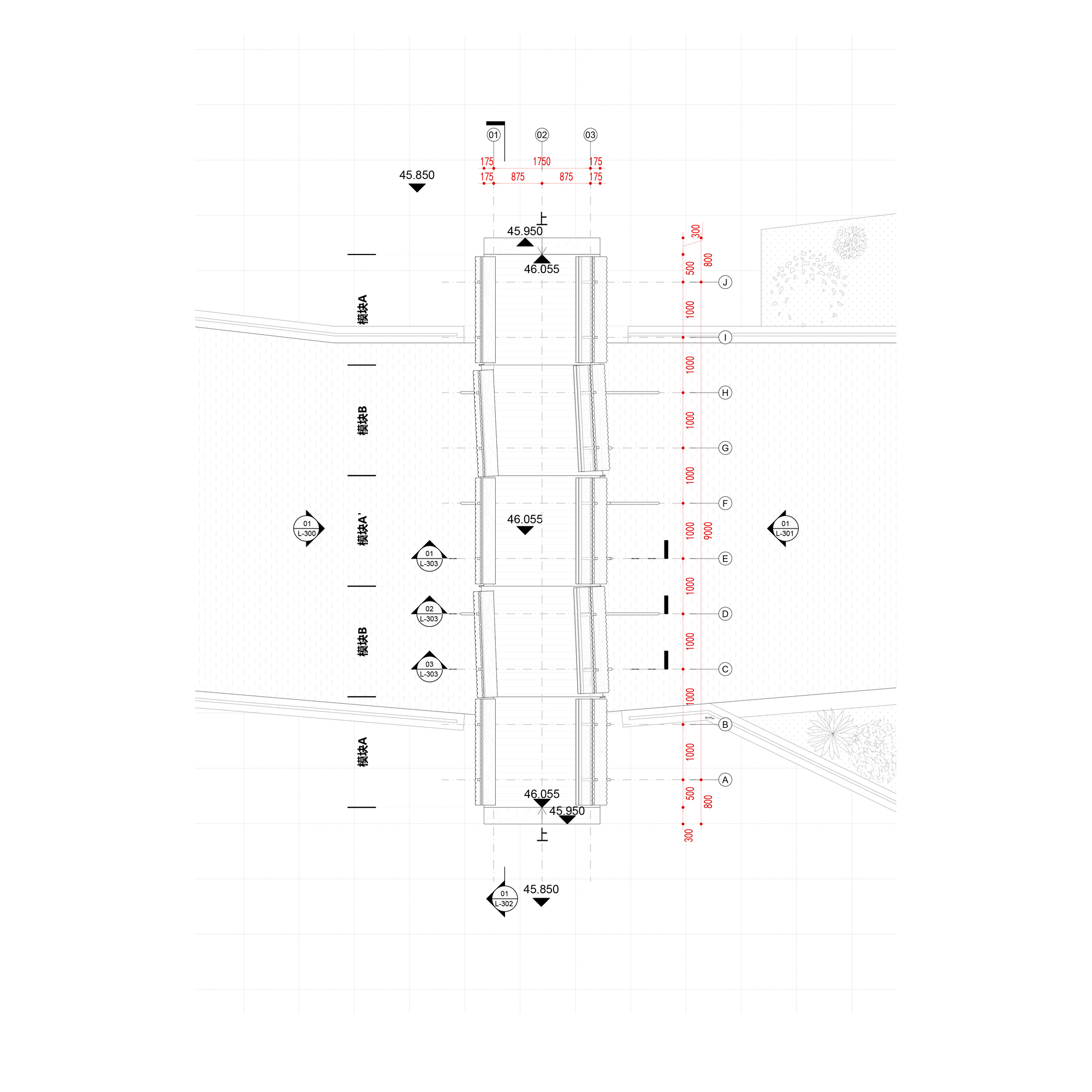 Plan drawing of the bridge deck divided into five modules, with grid lines, spot levels and dimensions in red