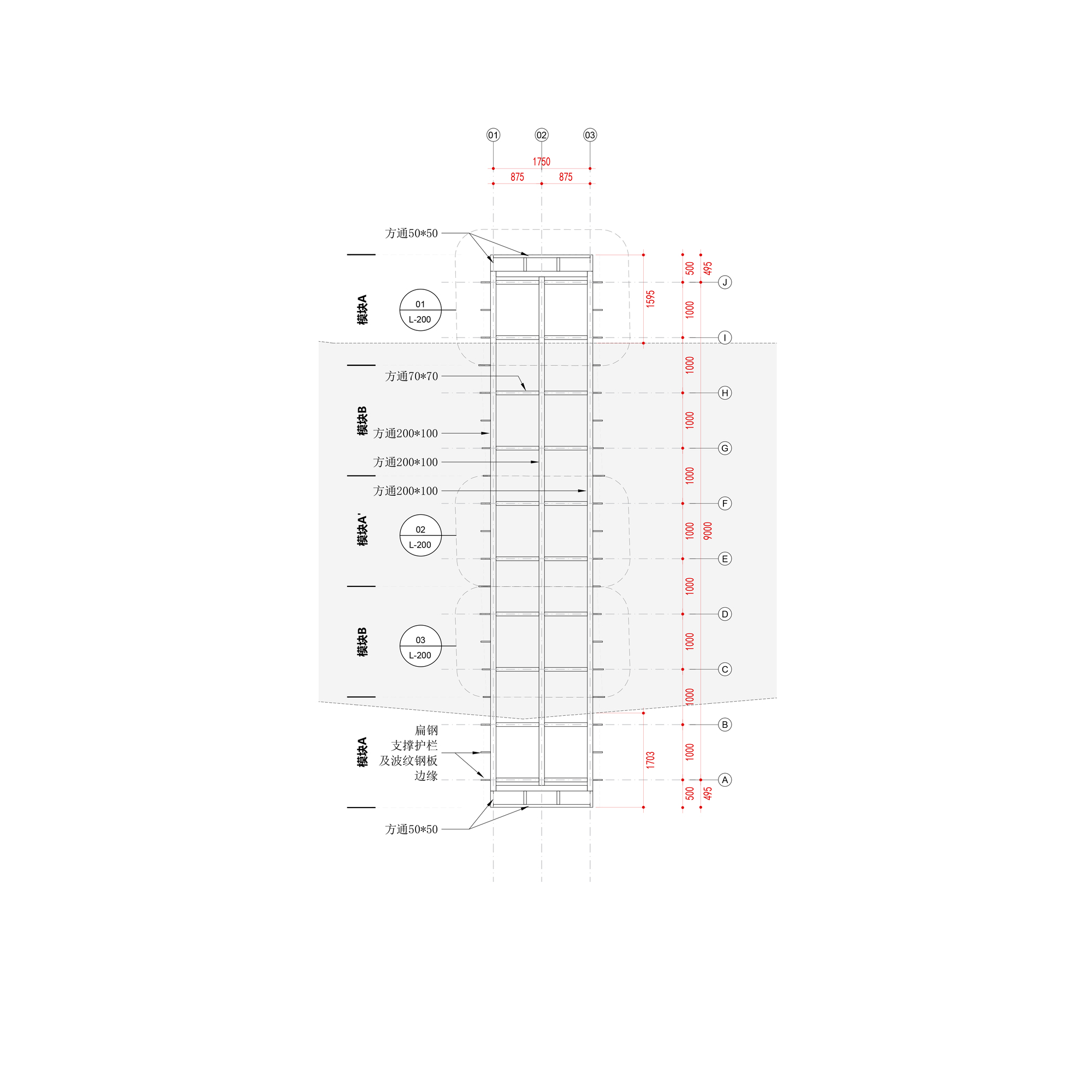 Structural plan drawing of the bridge framing, showing steel tube members, cross beams and edge details with Chinese annotations