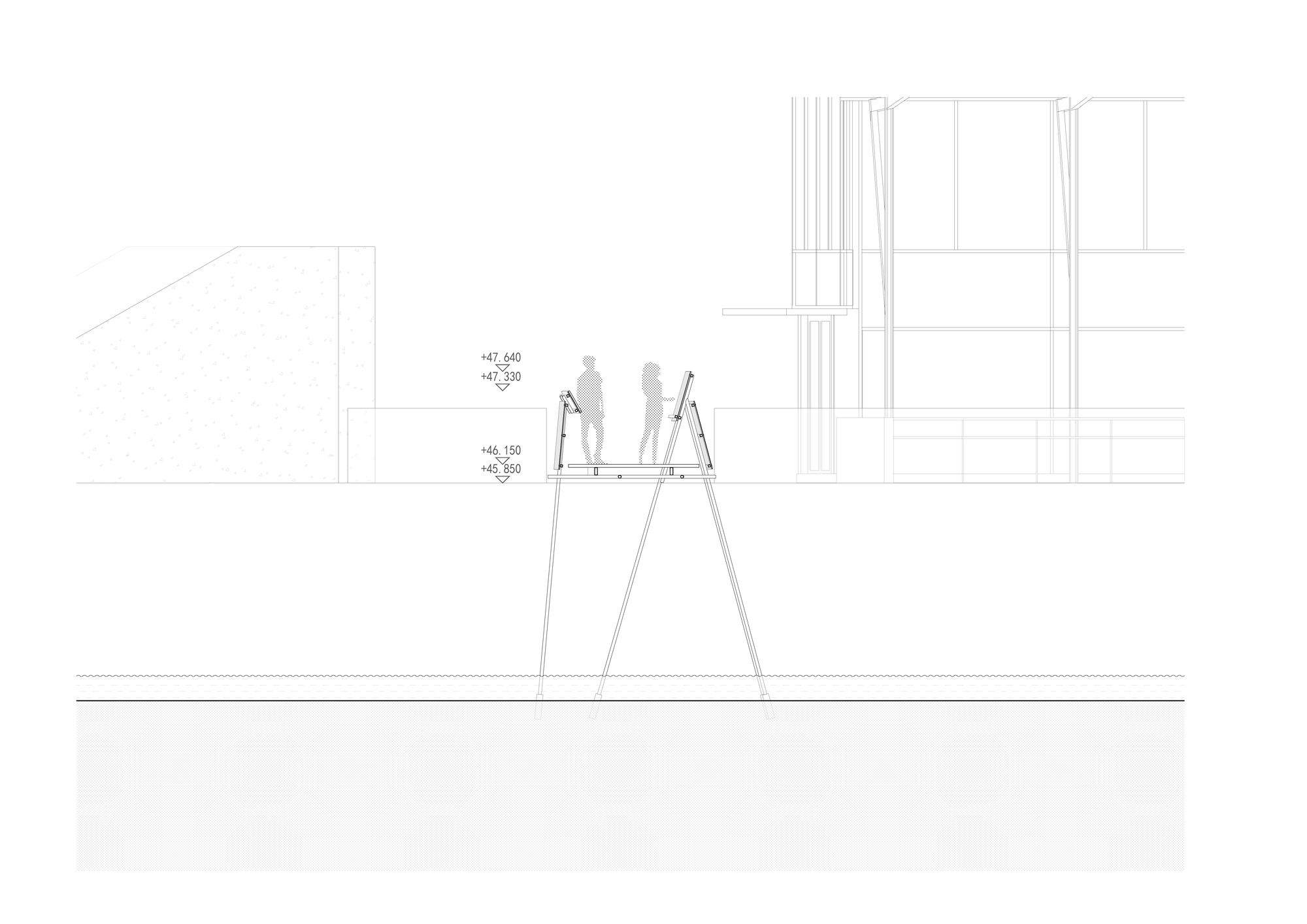 Cross-section drawing of the bridge on splayed steel legs above the water, with two figures standing on the deck