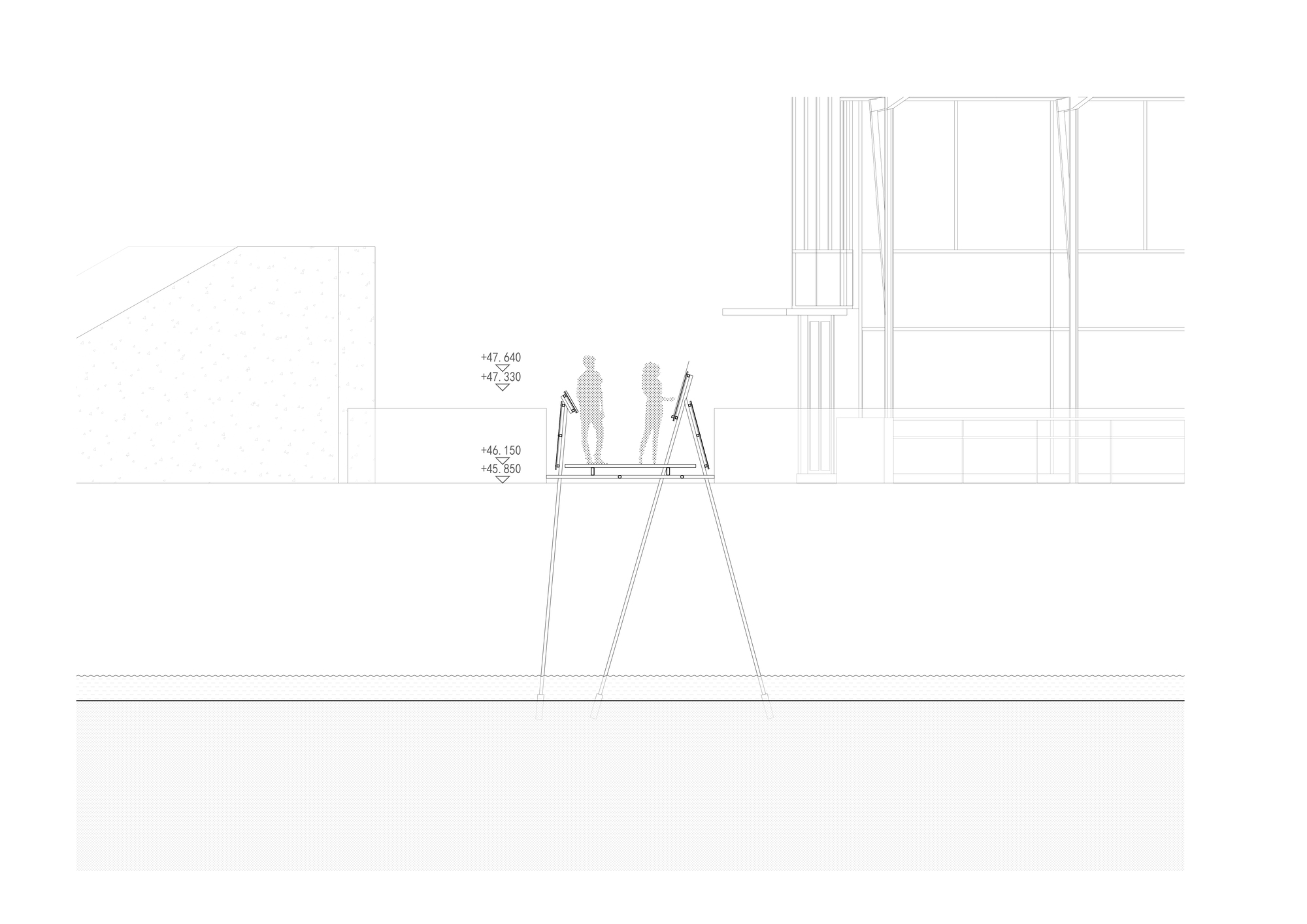 Section drawing of a slim footbridge on angled steel legs rising from water, with two figures standing on the deck beside a building