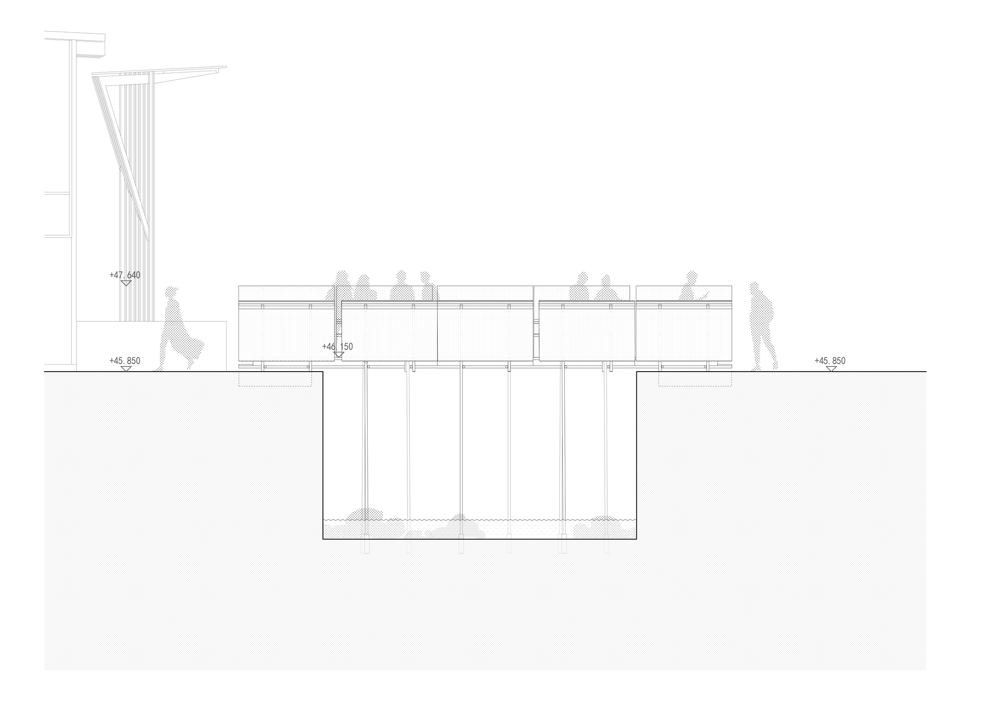 Section drawing of a bridge deck on slender piles over a water pit, with paneled railings and several figures standing along it