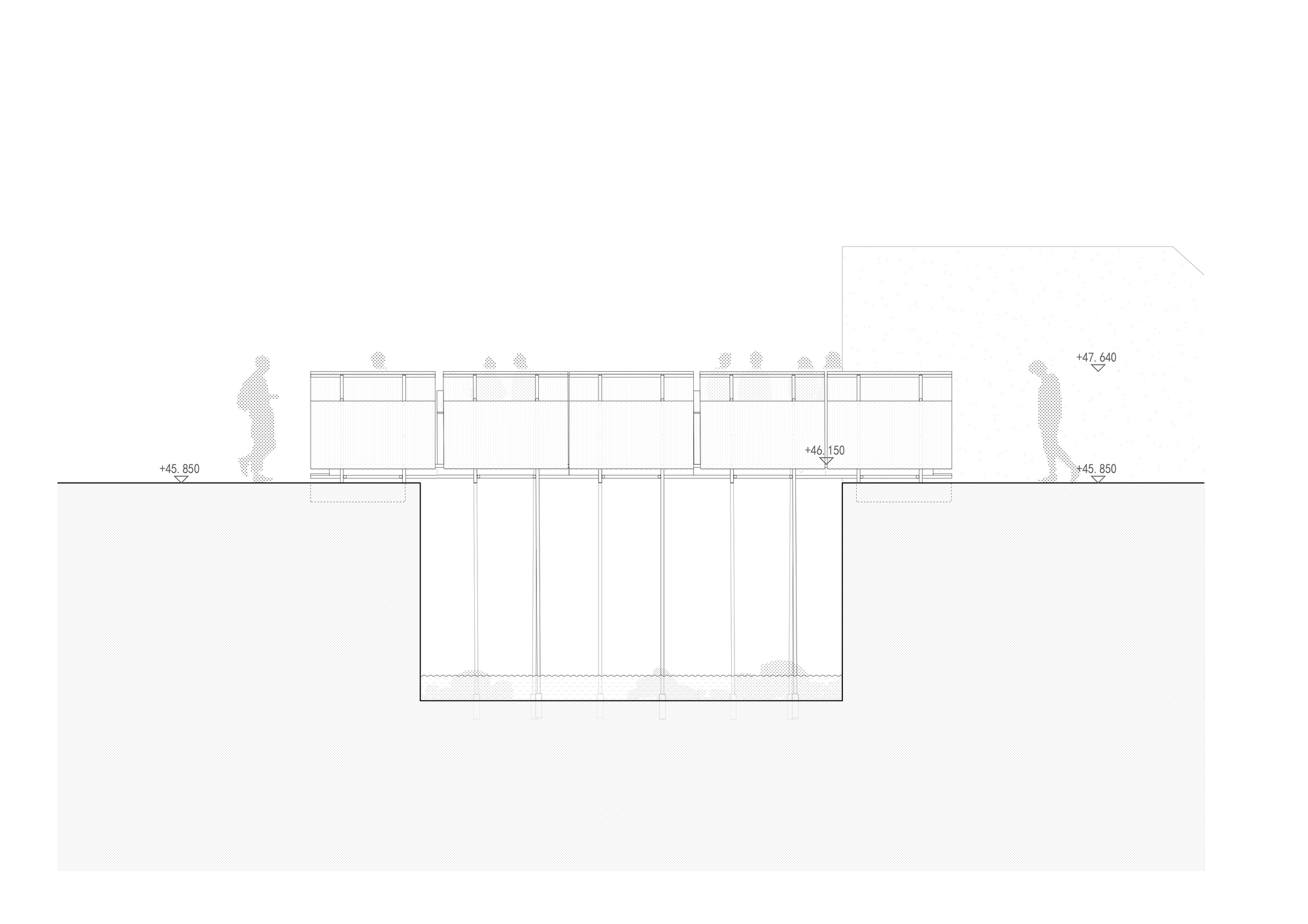 Section drawing of a paneled bridge on thin piles over a sunken water basin, with figures walking past a textured wall