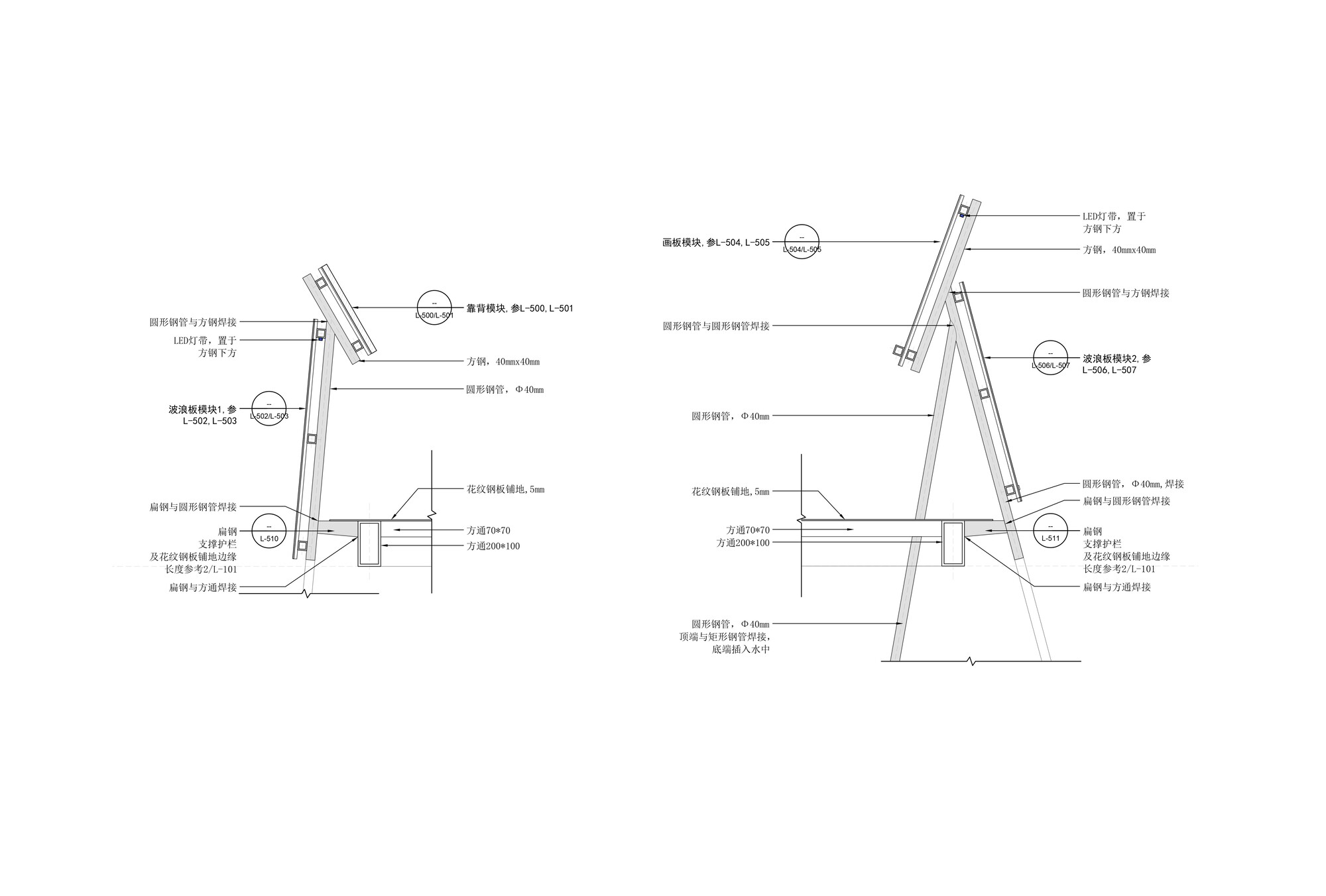 Detail section drawing of two tilted steel tube railing profiles, with annotated deck framing, LED strip and cladding panel connections