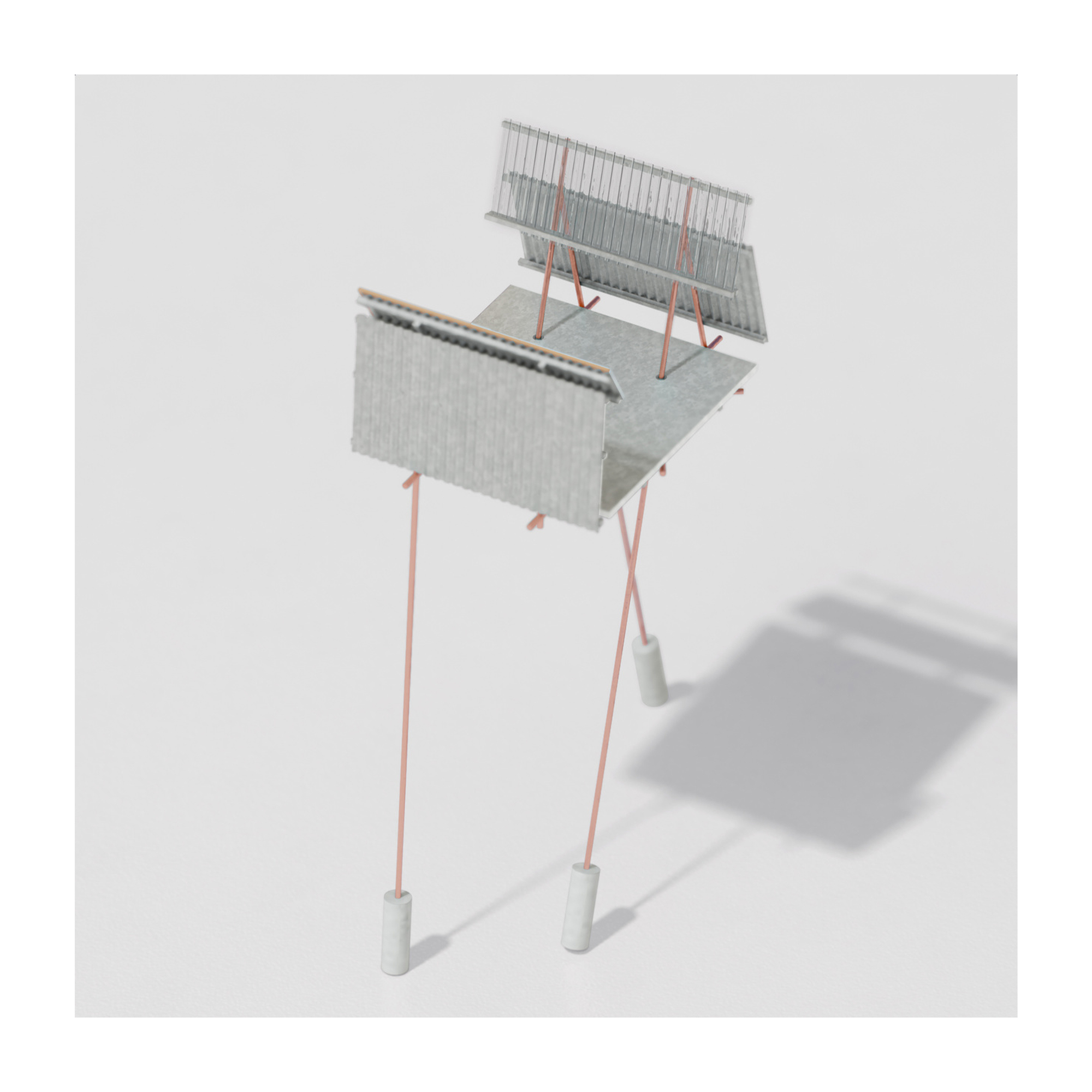 Rendered model of a suspended deck with side screens, held by thin red tension rods anchored to concrete weights, casting a soft shadow
