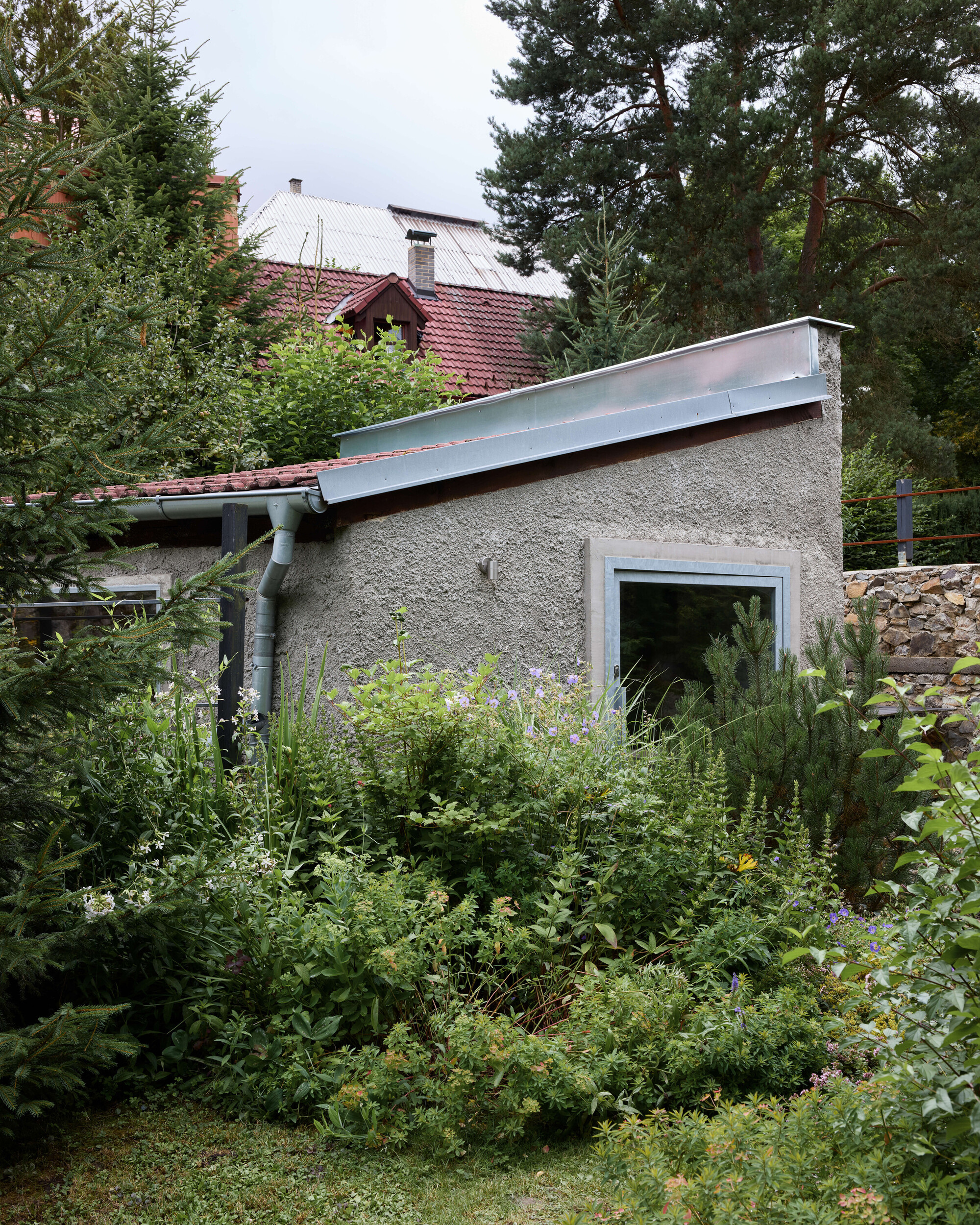 Side view of the low plastered volume with a zinc-capped sloping roof, half hidden by flowering shrubs under an overcast sky