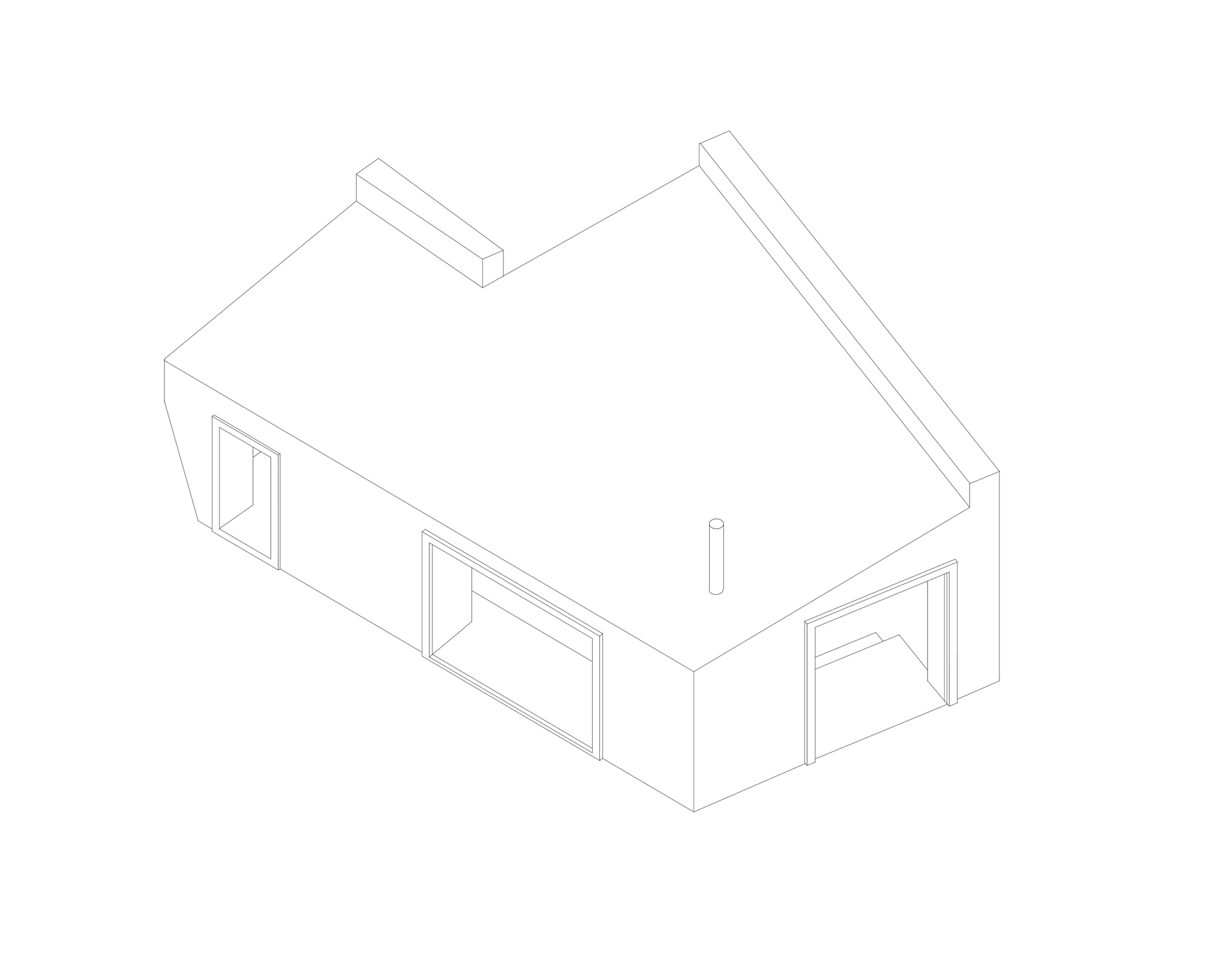 Isometric drawing of the angular single-storey volume with three framed openings, a flue pipe and raised parapet edges on the roof