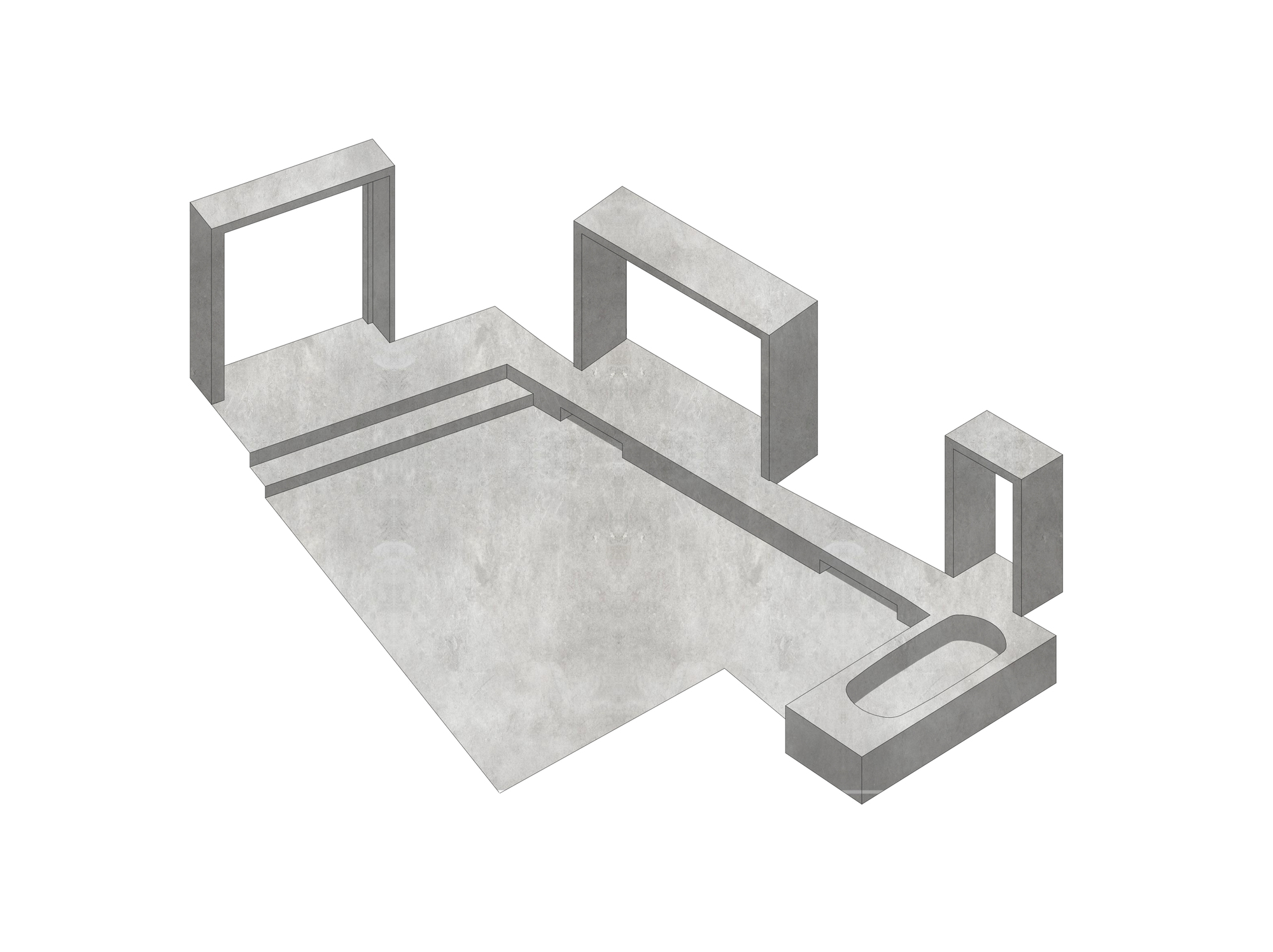 Axonometric drawing of the concrete-toned floor slab with three freestanding door and window frames and a built-in bathtub at one corner