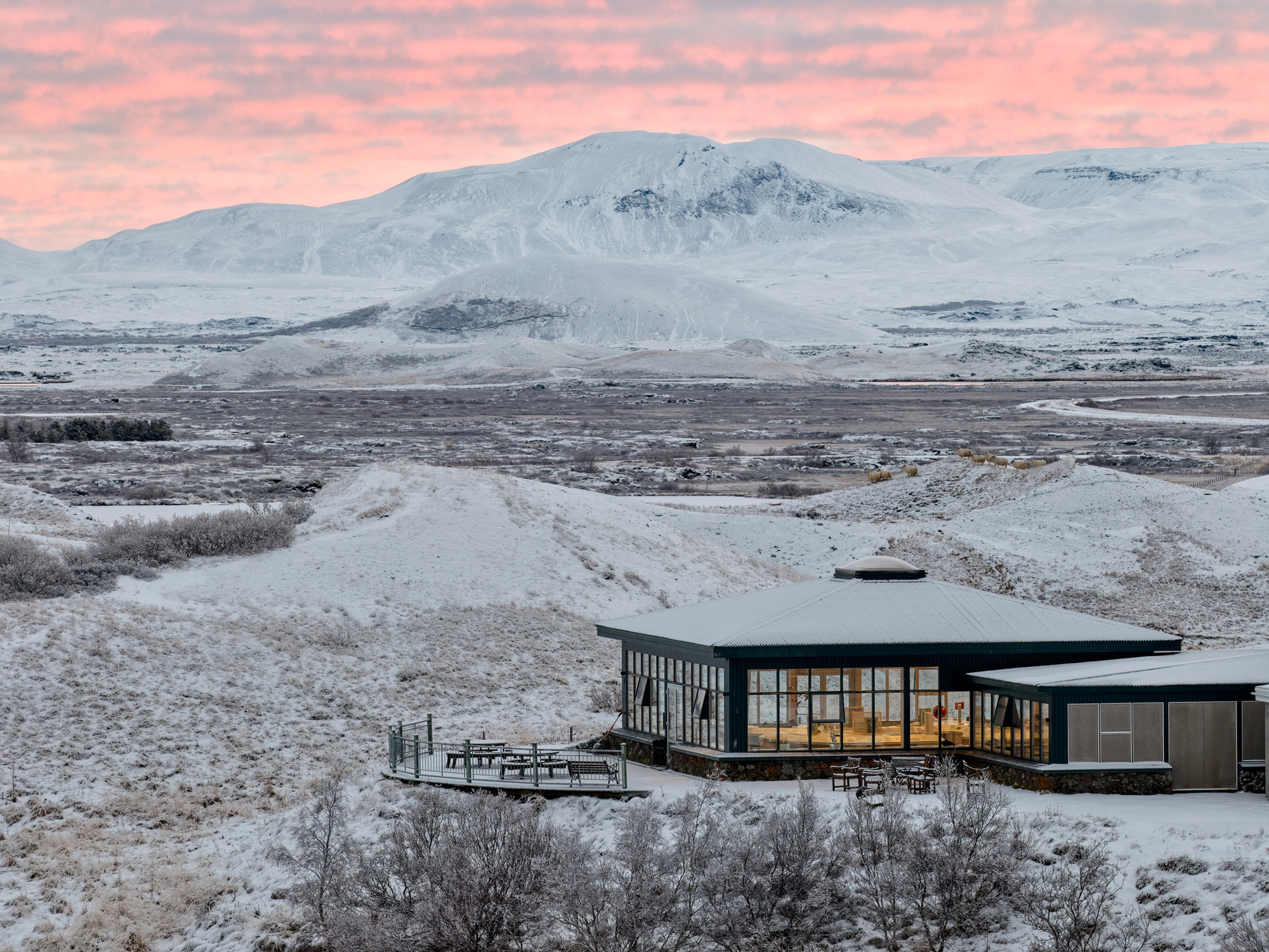 Glazed pavilion with a low hipped metal roof and timber deck, set in snowy lava terrain under a pink dawn sky
