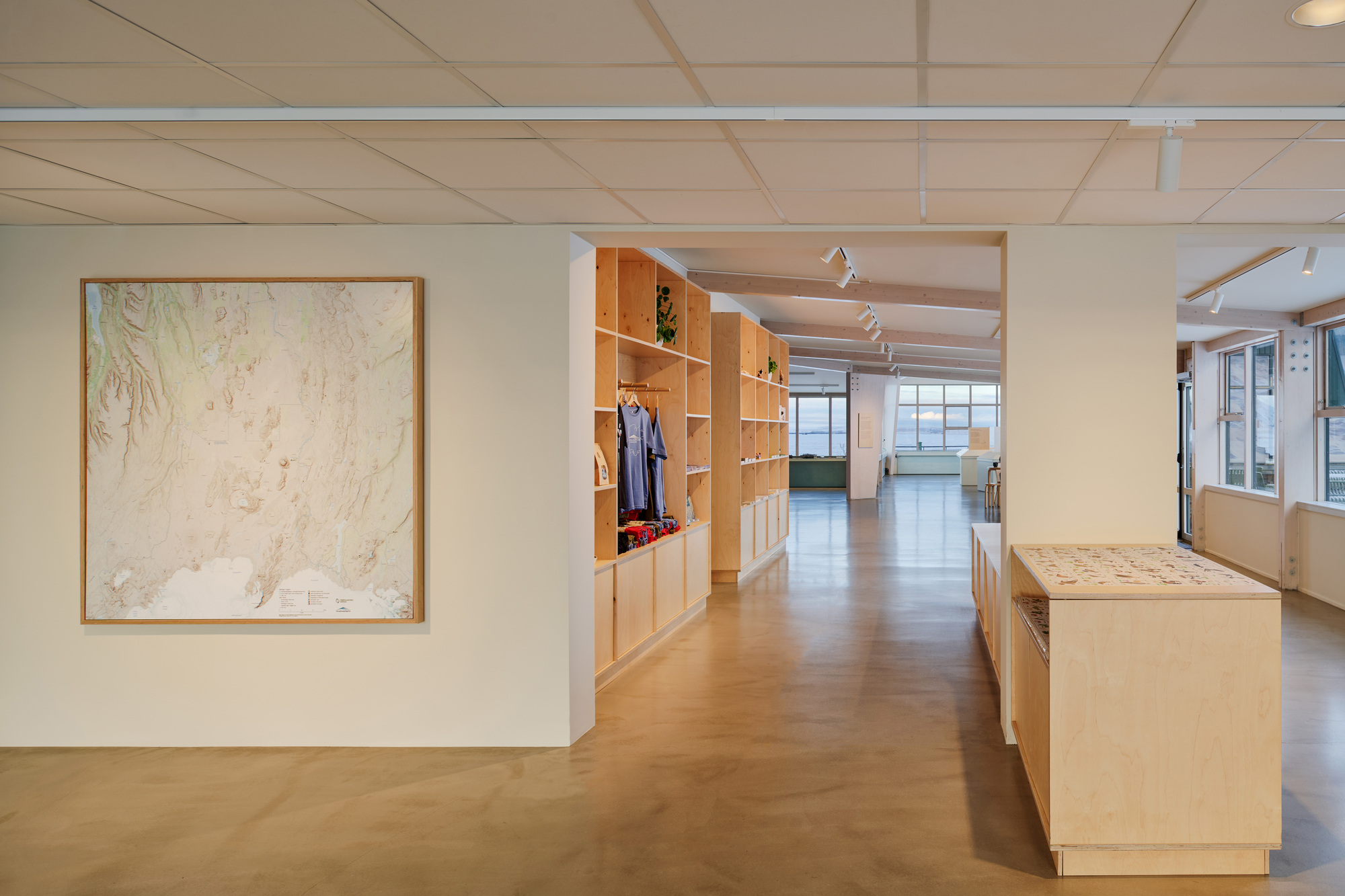 Open interior with birch plywood shelving and a display counter beside a framed relief map, polished concrete floor leading toward sea-facing windows
