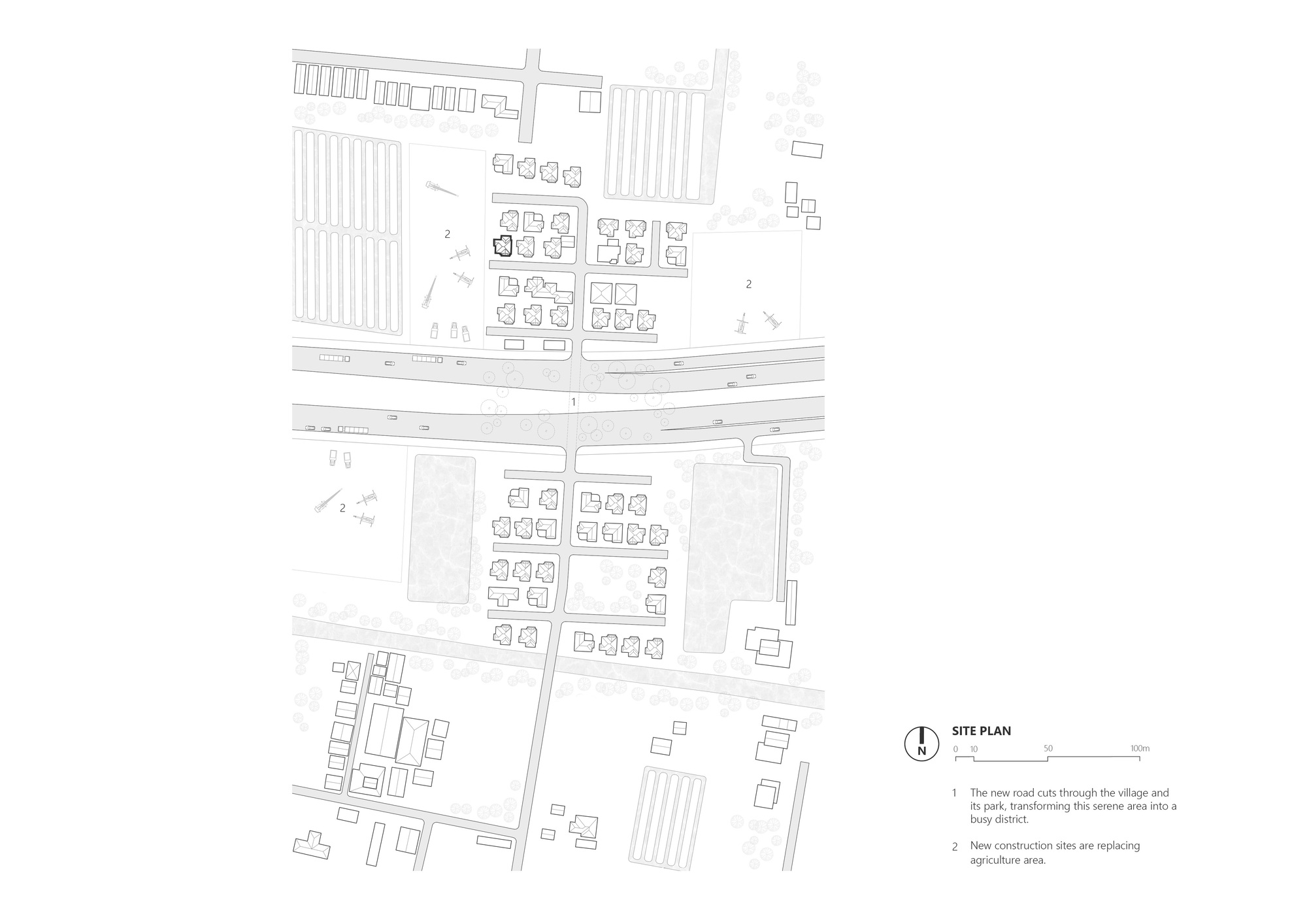 Site plan drawing showing houses, a new road cutting through a village and park, and surrounding agricultural plots