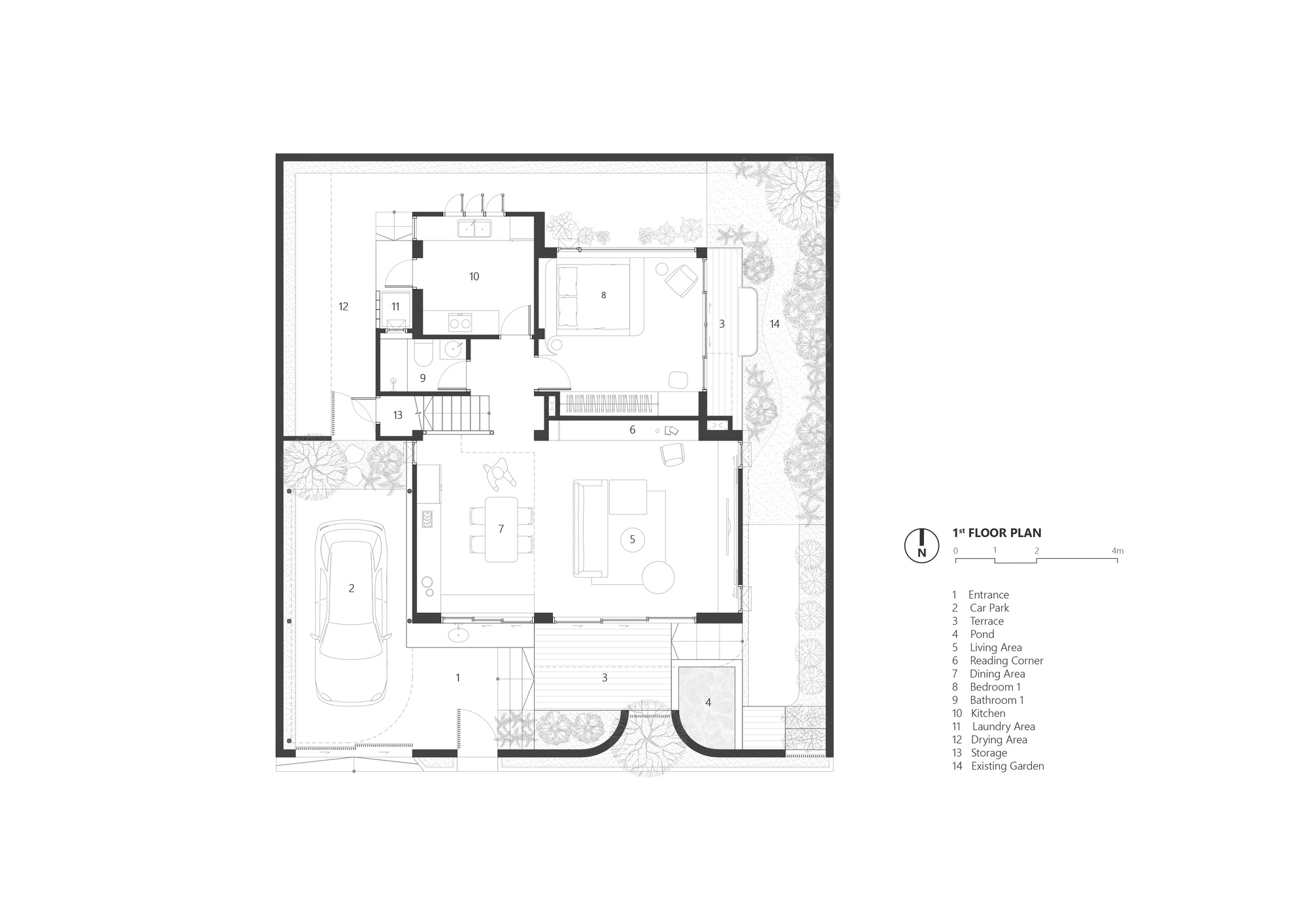 First floor plan drawing showing car park, terrace, pond, living and dining areas, kitchen and bedroom around a garden