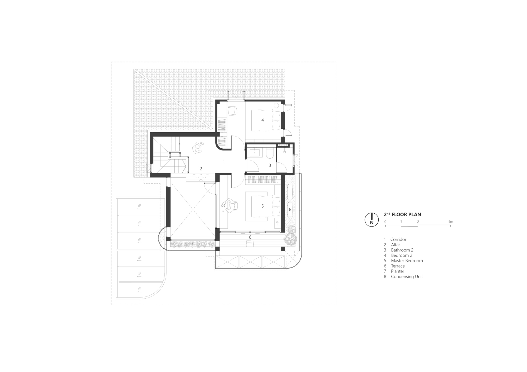 Second floor plan drawing showing corridor, two bedrooms, bathroom, terrace and planter beside a stair void and tiled roof