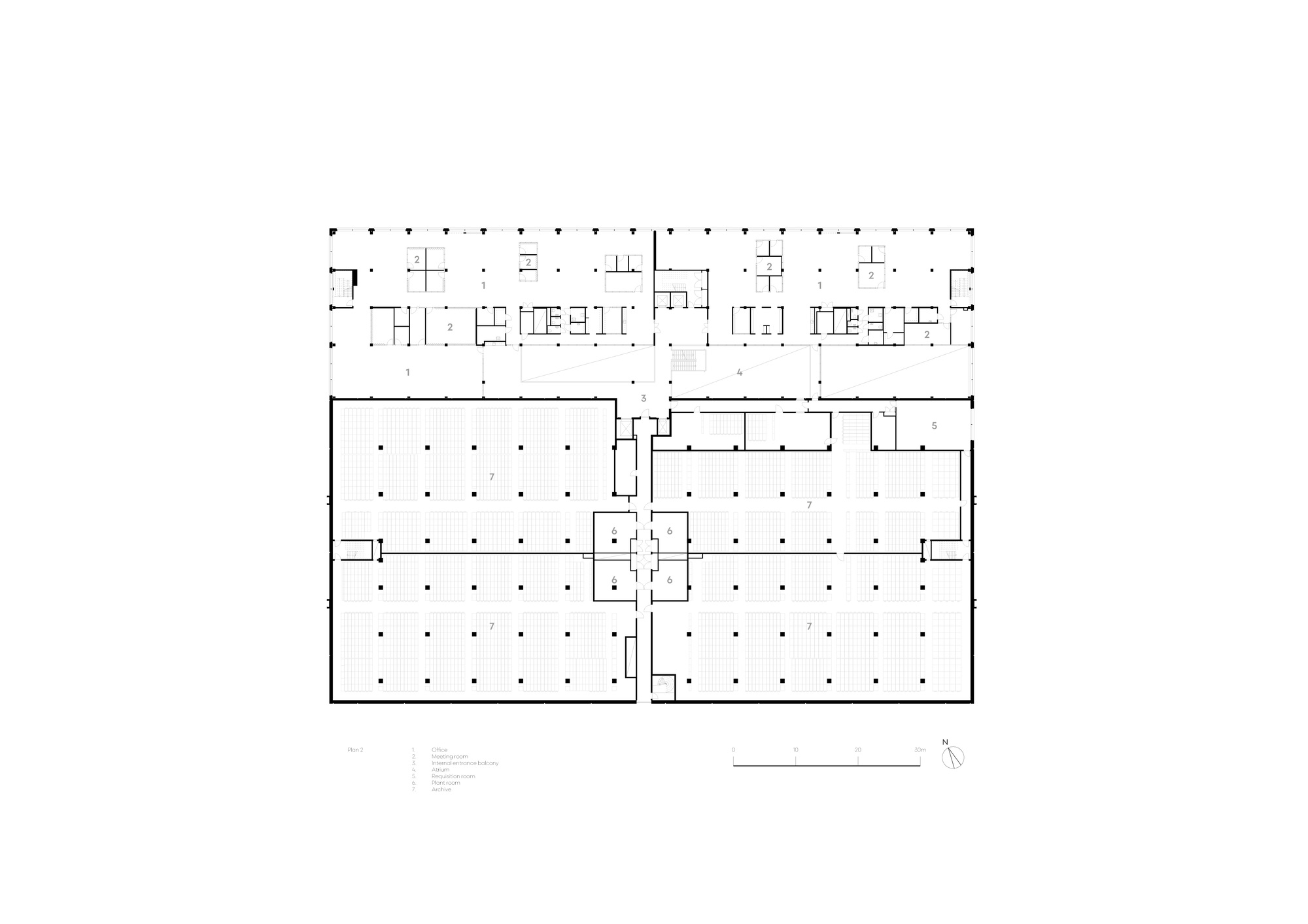 Floor plan drawing showing two large column-gridded archive halls below a strip of offices, split by a central core