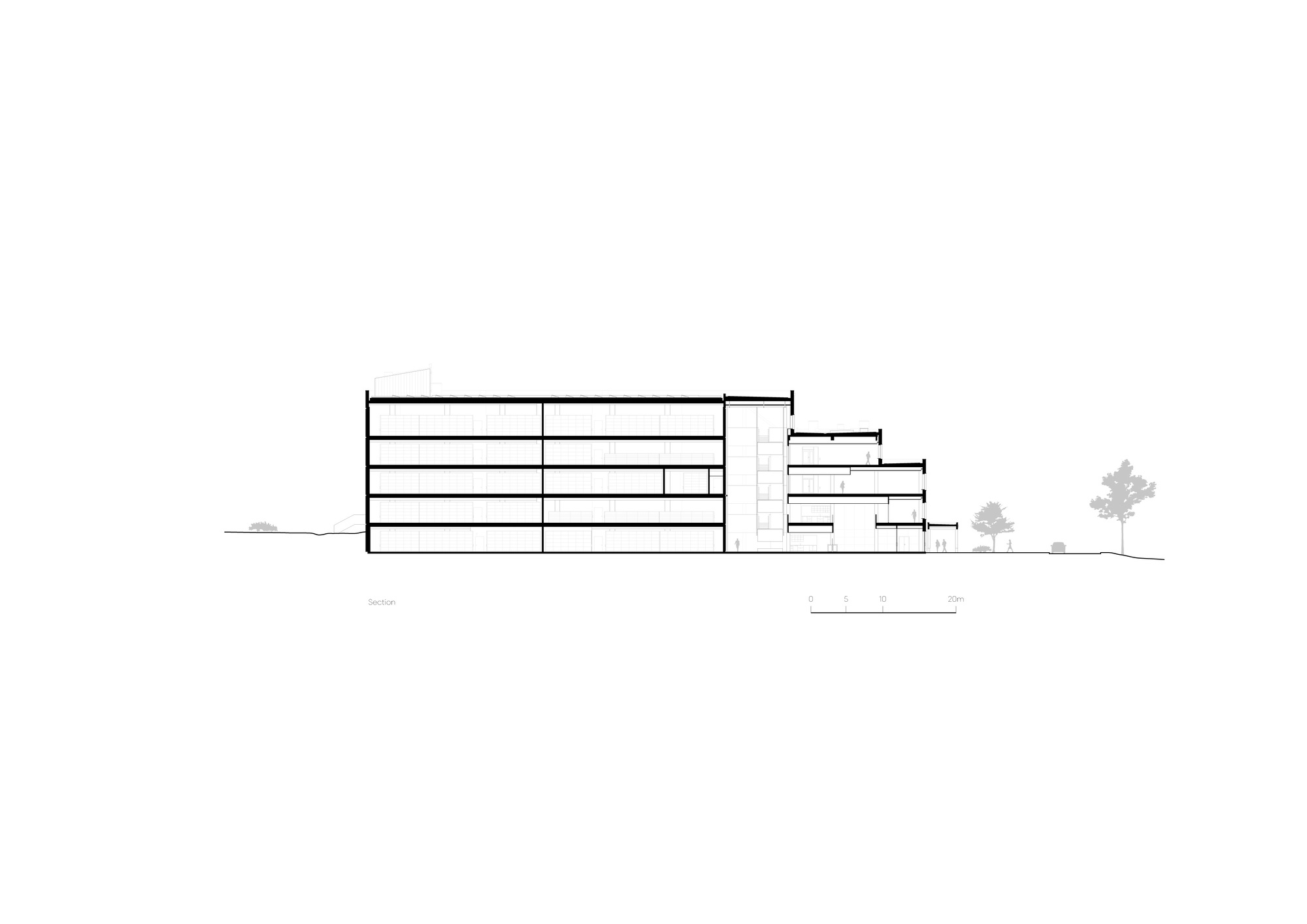 Section drawing of a five-storey block with stepped terraces on one side, a few trees and figures at ground level