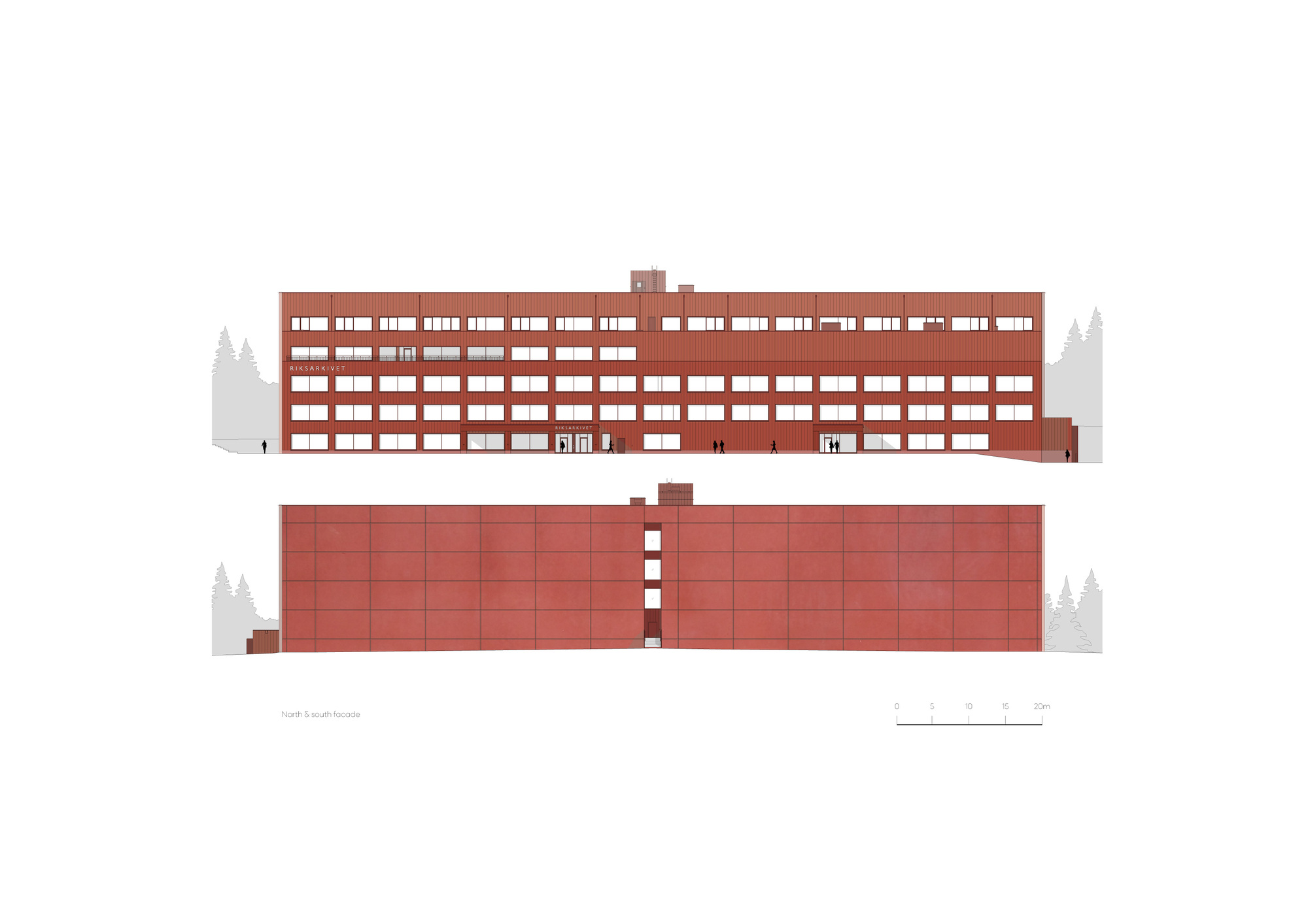 North and south elevation drawing of a long red-clad block with banded windows, flanked by spruce trees in grey
