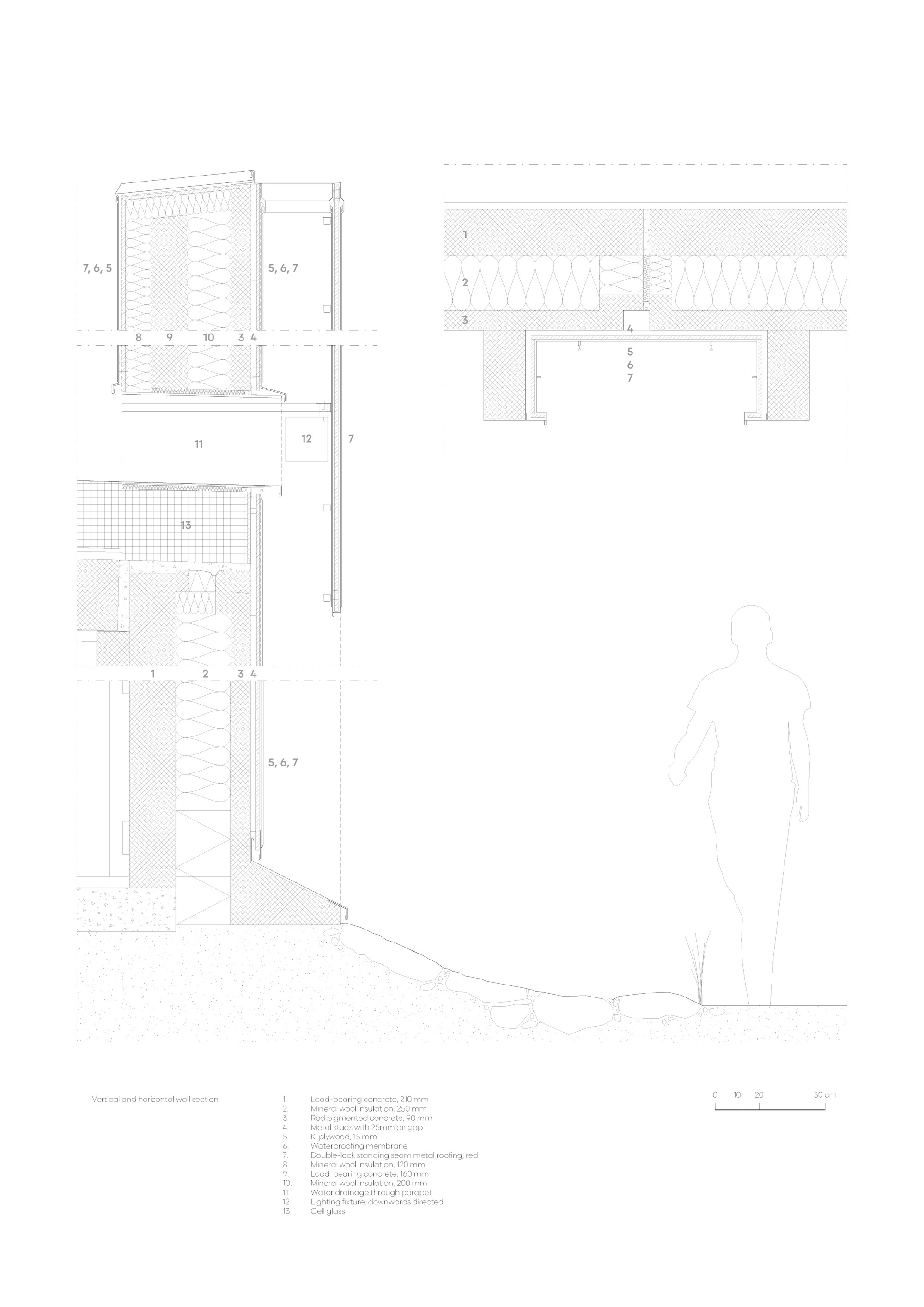 Vertical and horizontal wall section drawing of layered concrete and insulation, with a faint standing figure beside a stone-edged slope