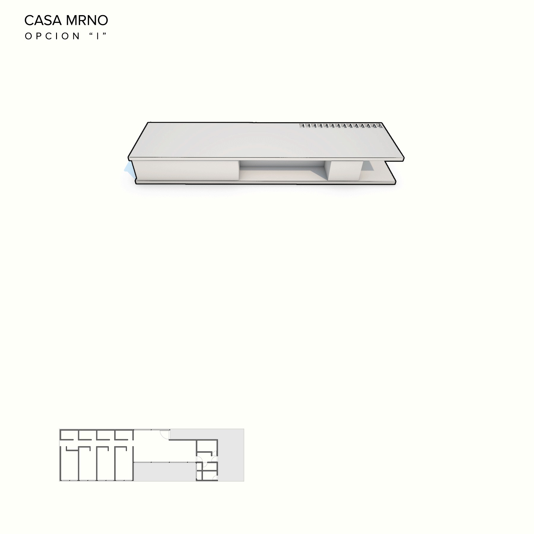 Axonometric massing drawing of a long flat-roofed slab with a recessed central gap, paired with a small floor plan below