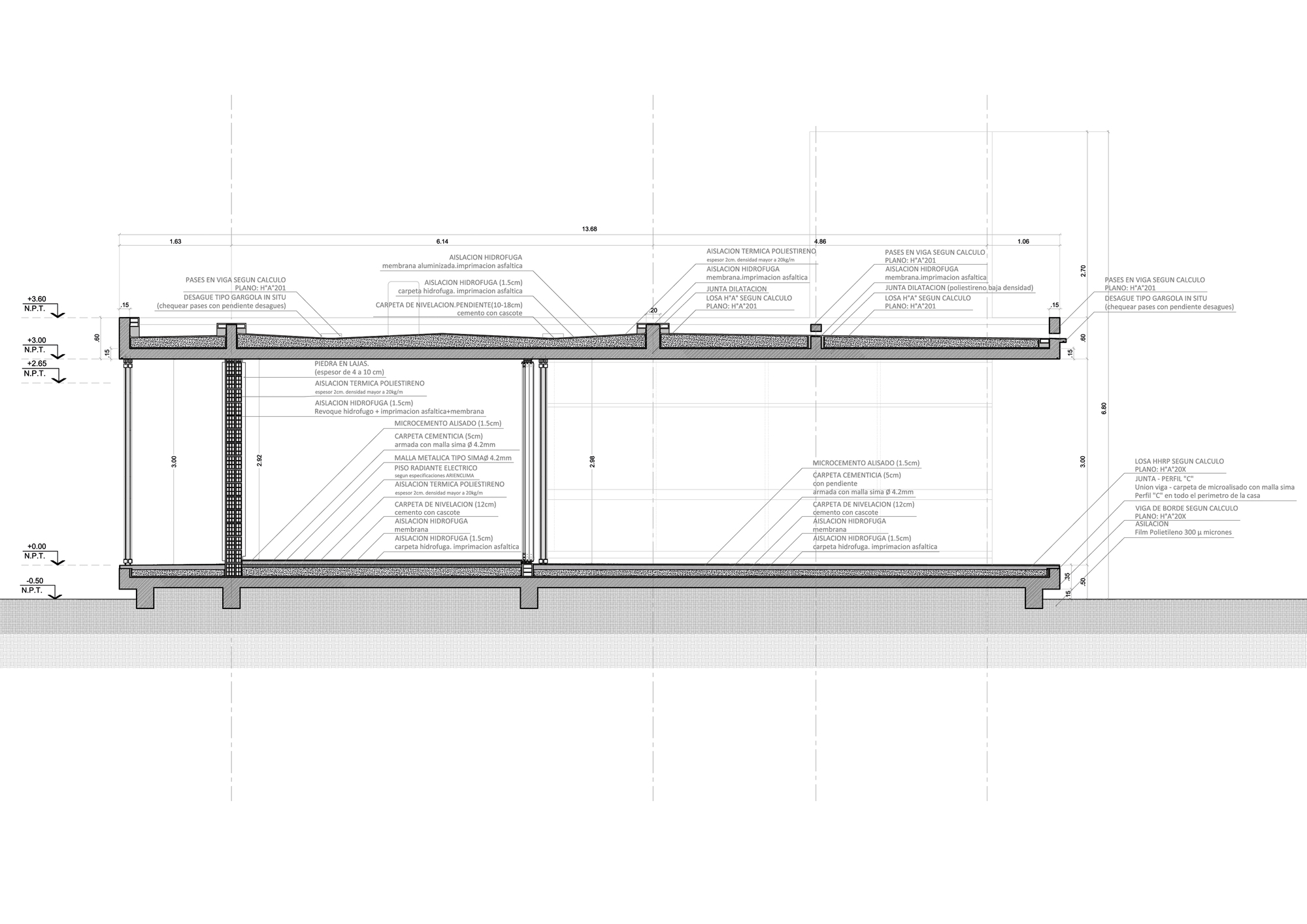 Building section drawing showing a flat roof slab on slender columns above a floor slab, with annotated insulation and waterproofing layers