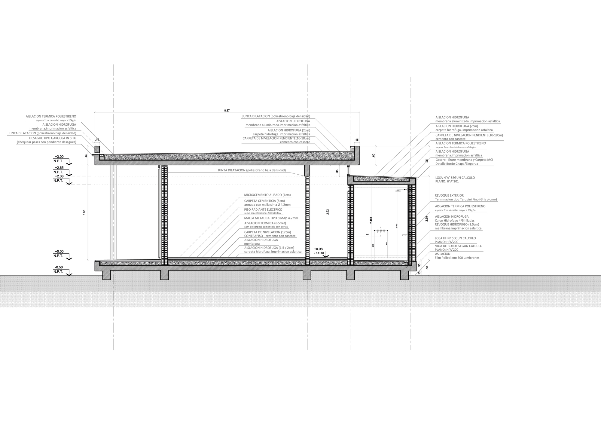 Building section drawing of a flat-roofed volume with a smaller enclosed room at right, annotated with roof and floor build-ups
