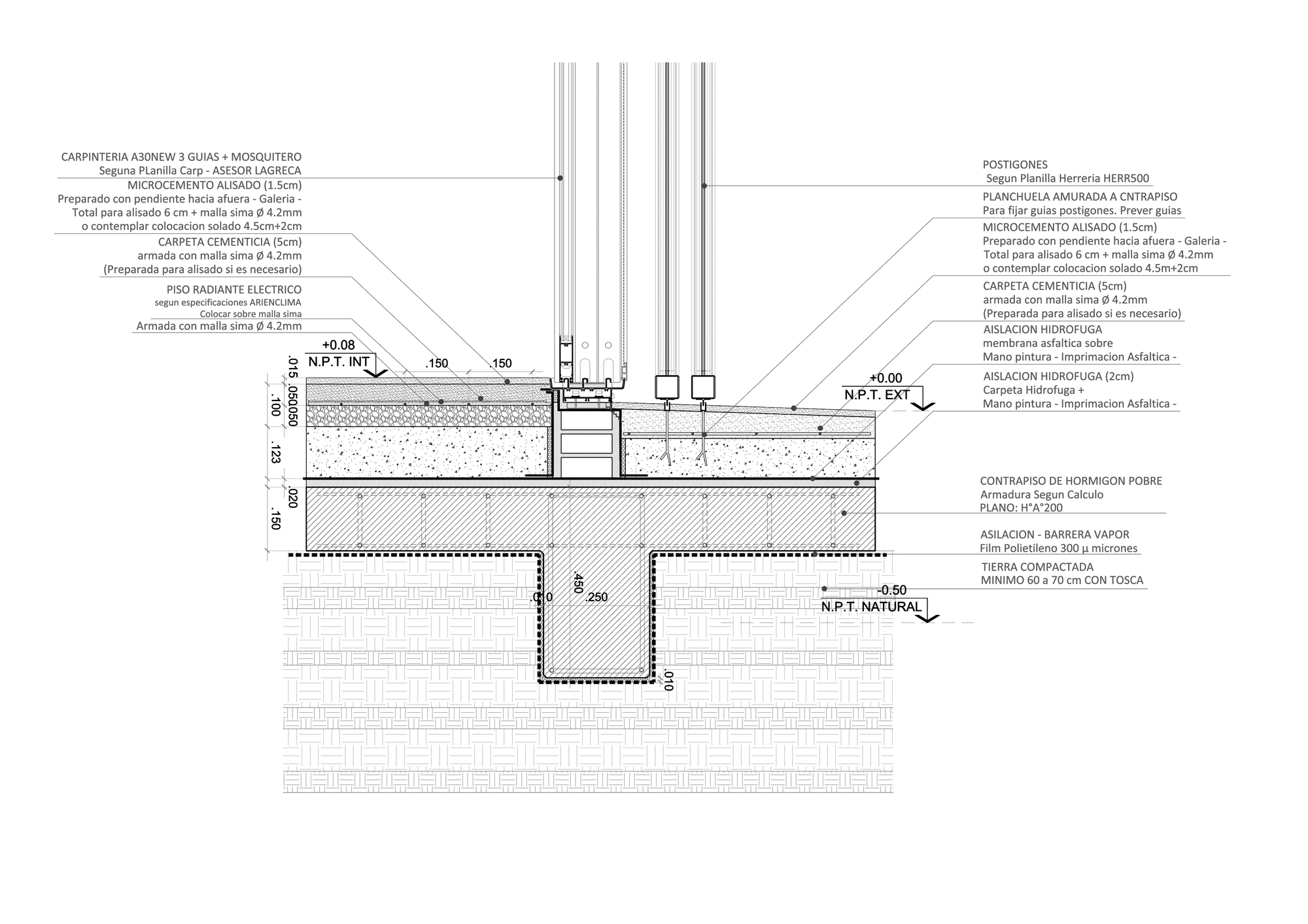 Construction detail drawing of a floor edge at the glazing track, showing screed, radiant floor layers and a concrete footing below