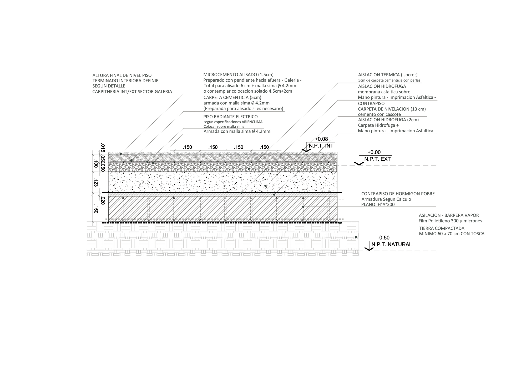 Construction detail section of the floor build-up, from polished microcement down through screed, insulation, lean concrete and compacted earth