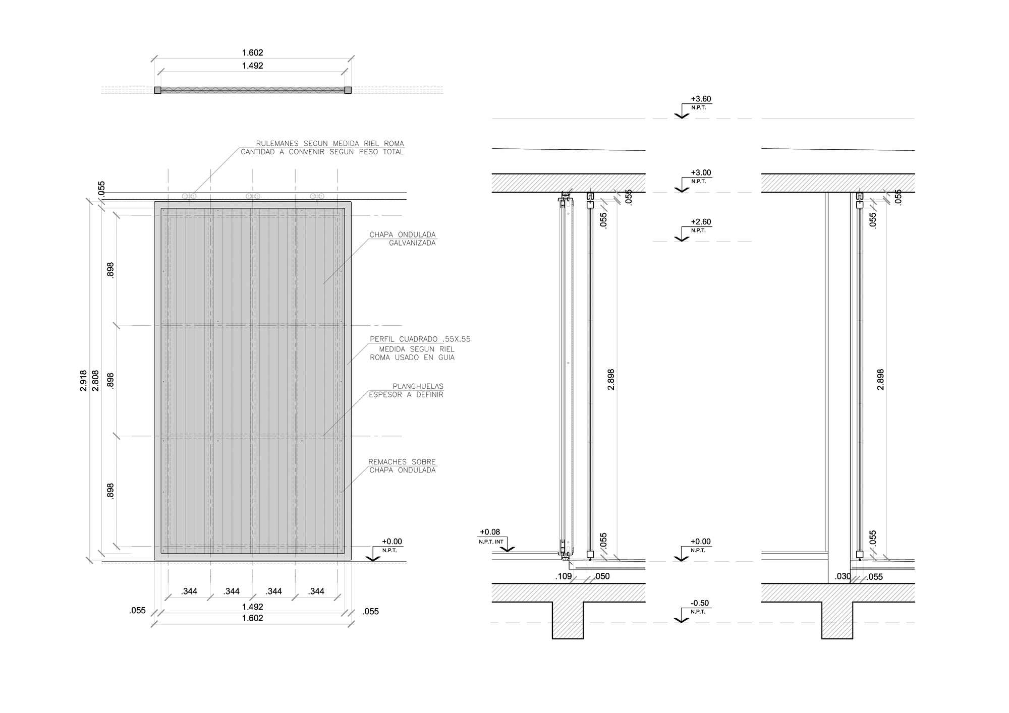 Elevation and section drawings of a sliding corrugated metal panel, with dimensioned frame, rails and fixings between floor and roof slabs