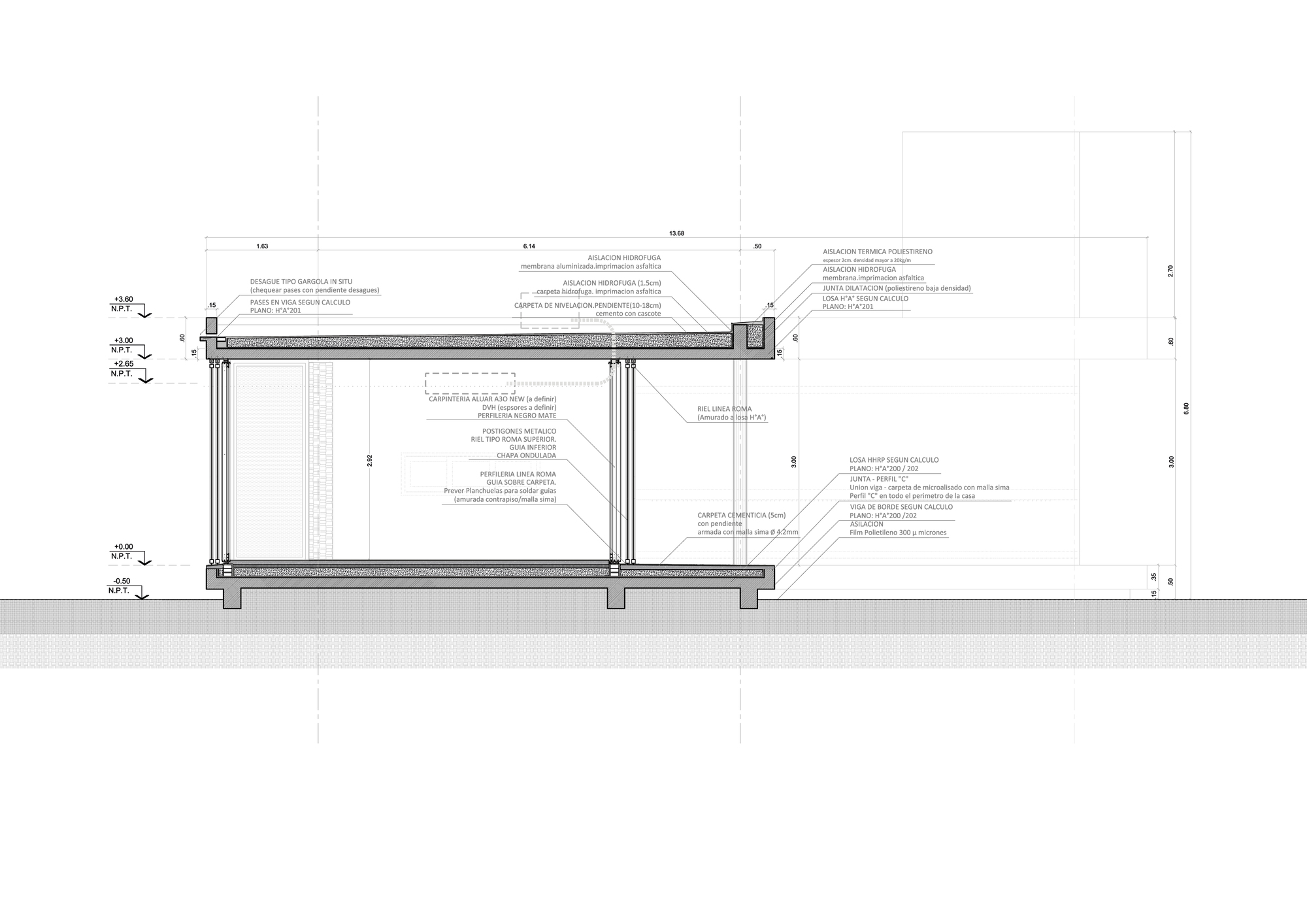 Building section drawing of a single-storey pavilion showing a slab on footings, slim steel posts, a flat roof build-up and annotated material callouts