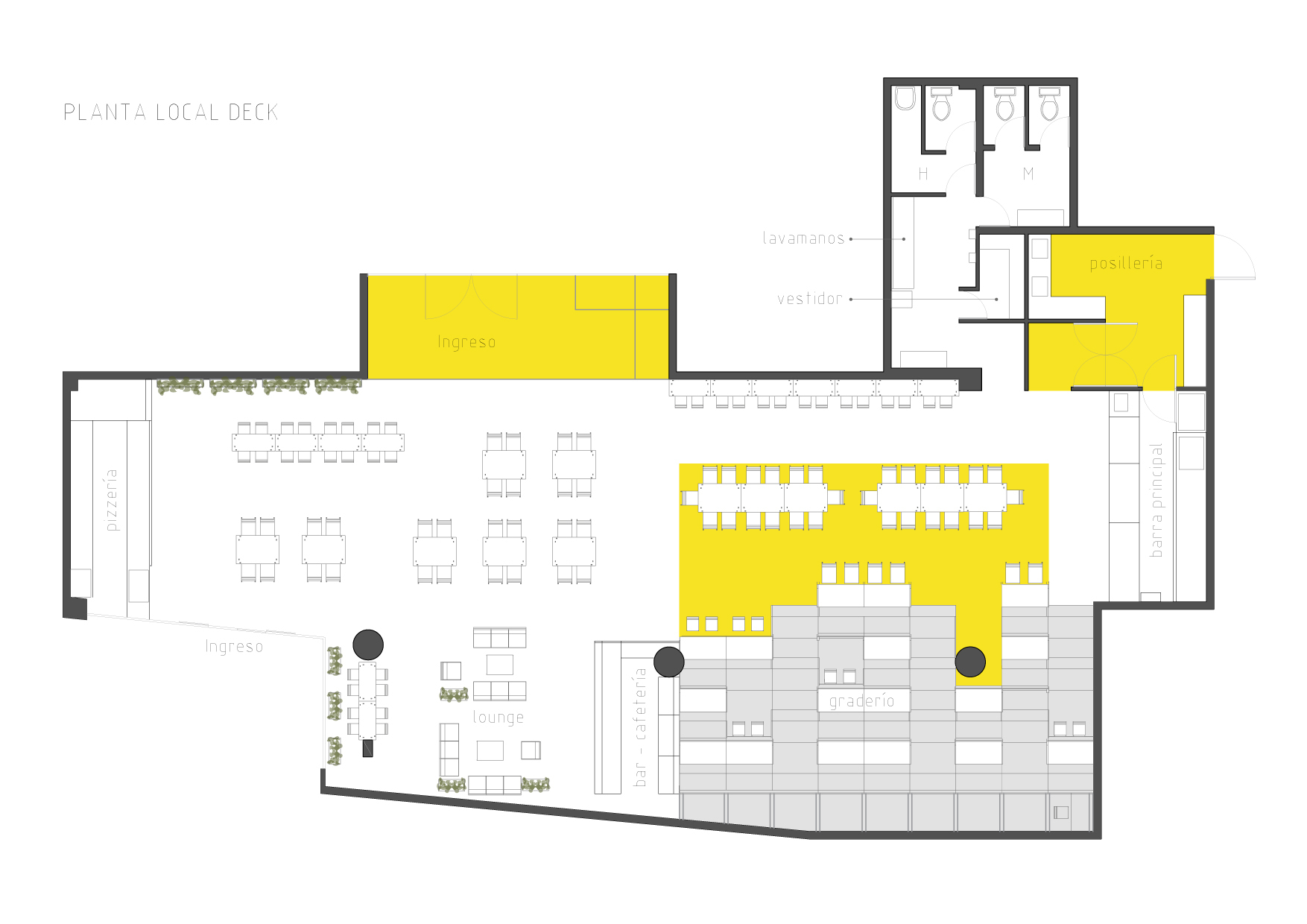 Floor plan drawing of a cafe level with yellow highlighted entry and tiered seating, a bar, a lounge, a kitchen and restrooms