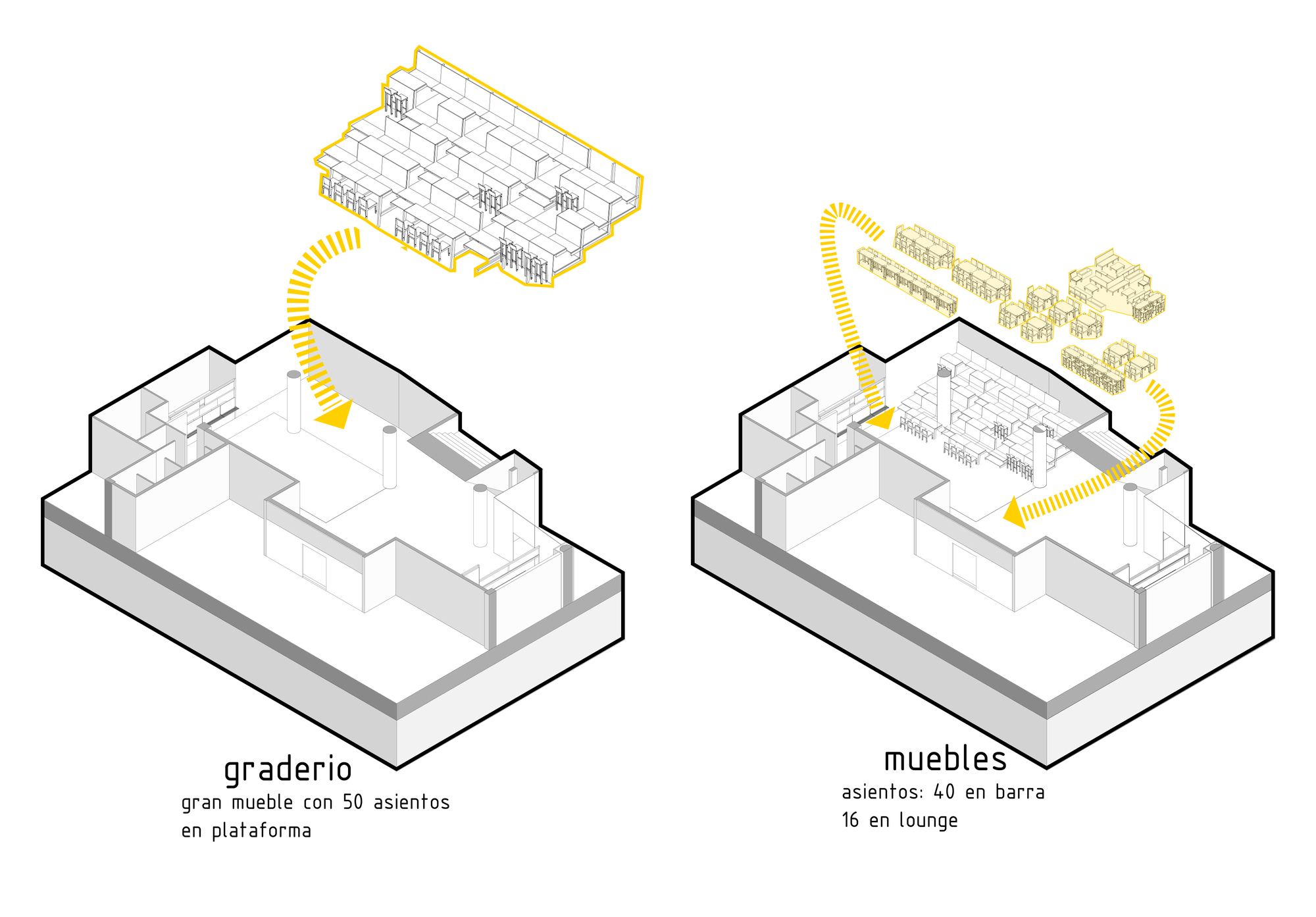 Axonometric diagrams showing a tiered seating platform lifted out of the floor plate and loose furniture pieces arranged around it