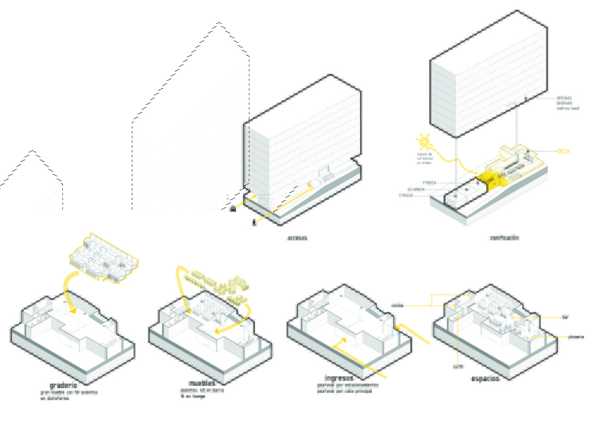 Sheet of six axonometric diagrams covering access, zoning, tiered seating, furniture, entrances and spaces of a ground-level cafe below an office tower