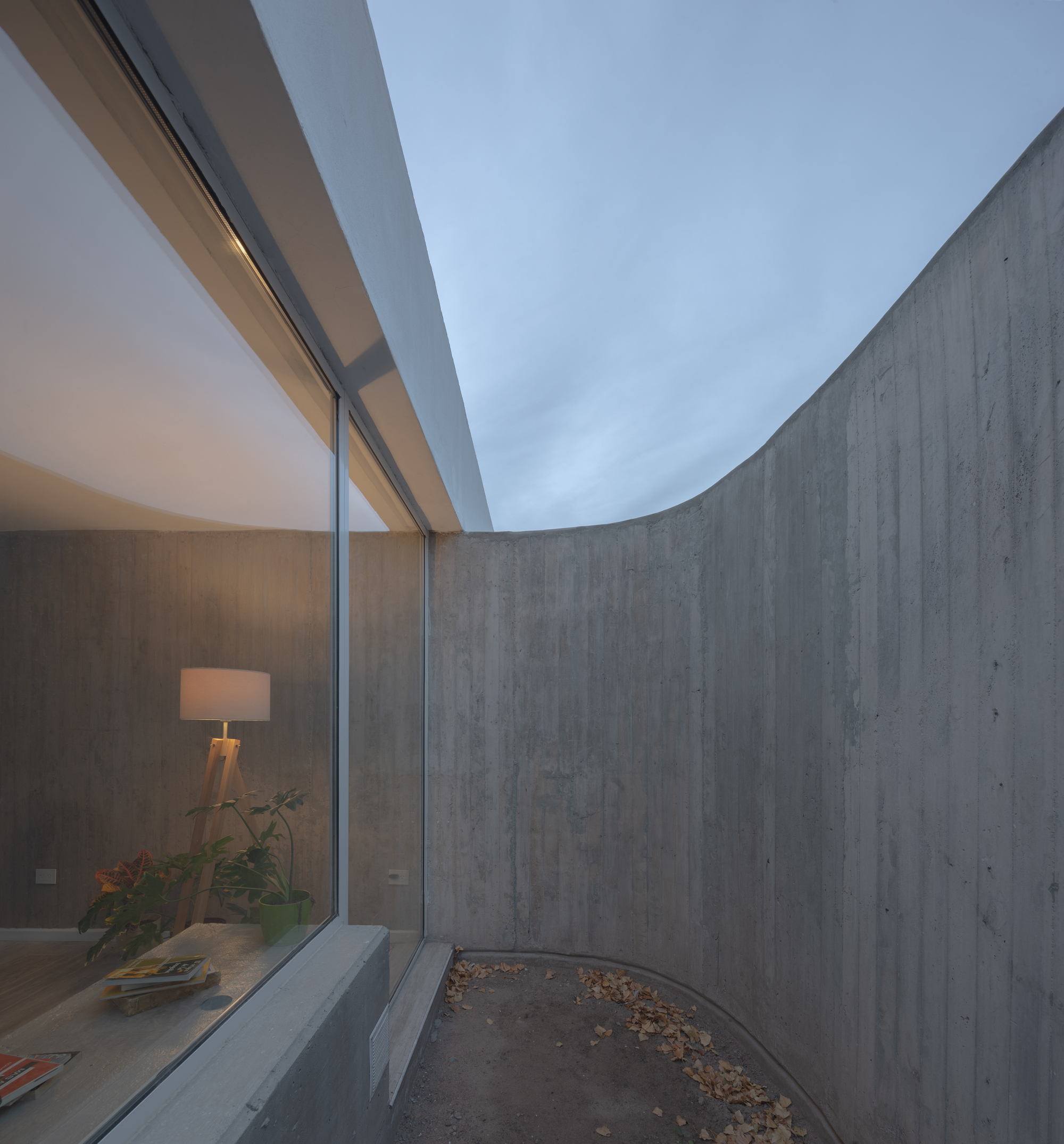 Curved board-formed concrete wall beside a glazed living room with a floor lamp, with dry leaves on the ground at dusk