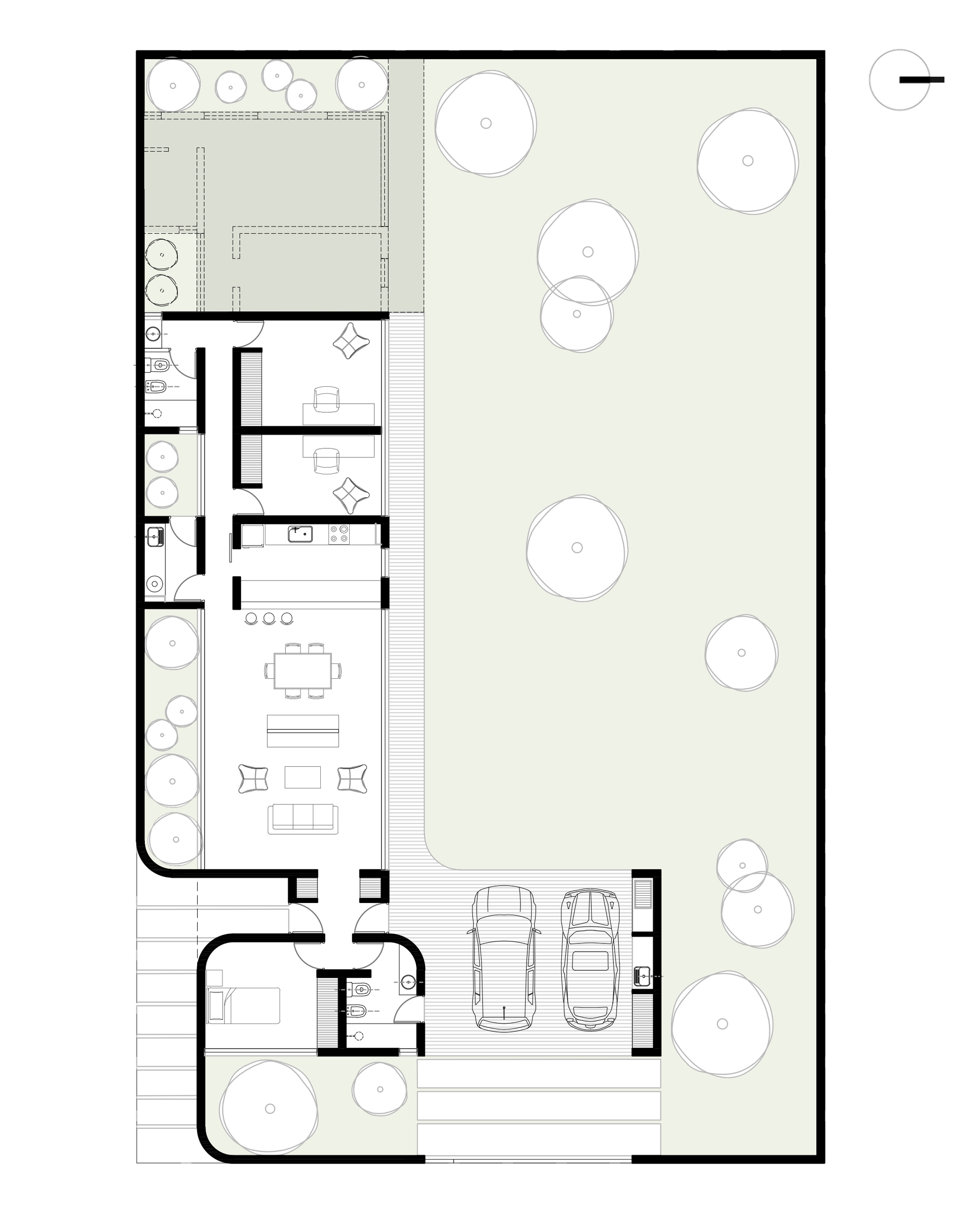 Floor plan drawing of a single-storey house with living area, bedrooms, kitchen, two-car carport and a lawn dotted with trees