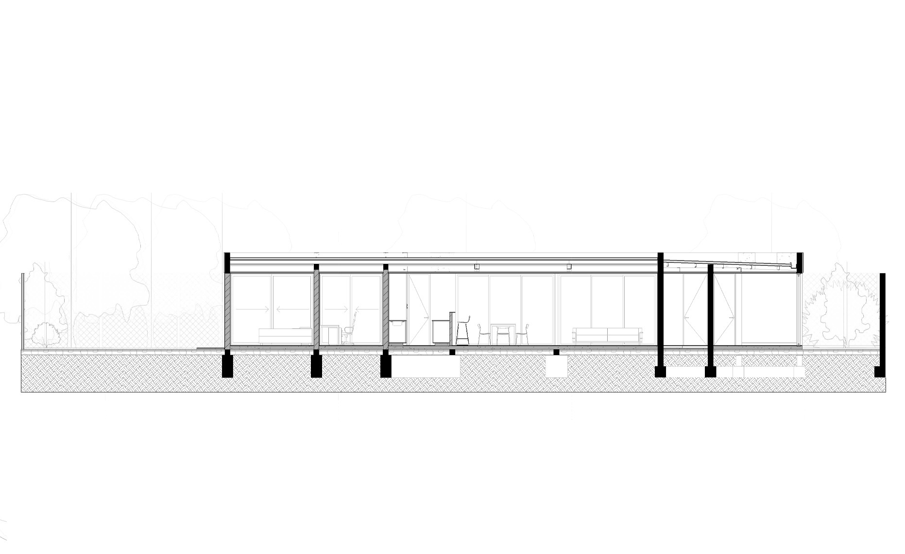 Long section drawing of the house showing steel columns, glazed walls, furnished rooms and footings under a thin flat roof
