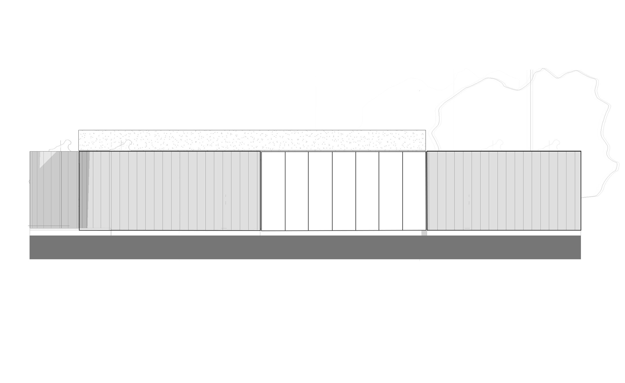 Elevation drawing of a low facade with vertical panel cladding on both sides of a central glazed section beneath a flat roof