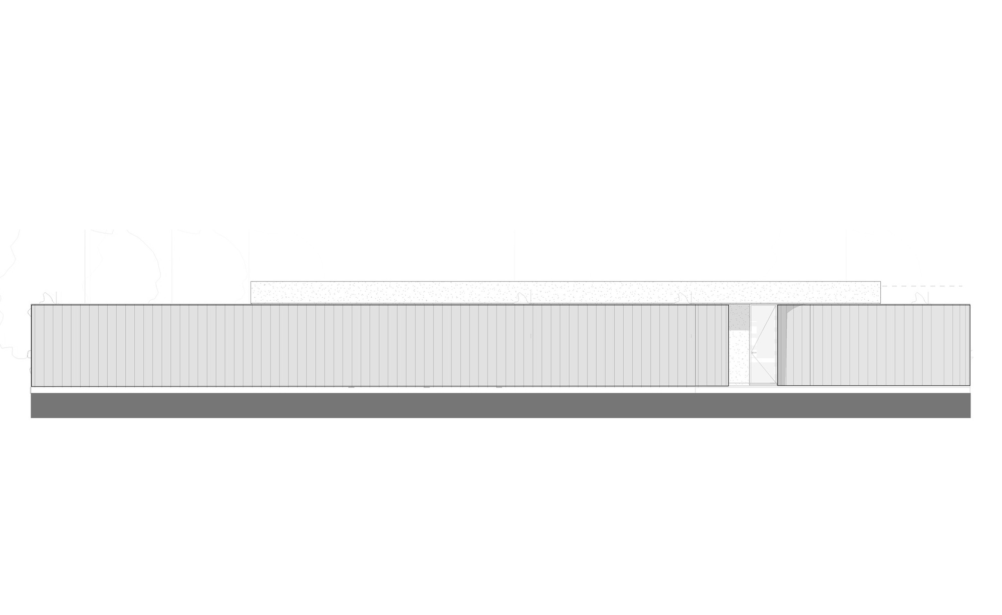 Elevation drawing of a long, low facade clad in vertical panels, split by a narrow opening under a flat roof