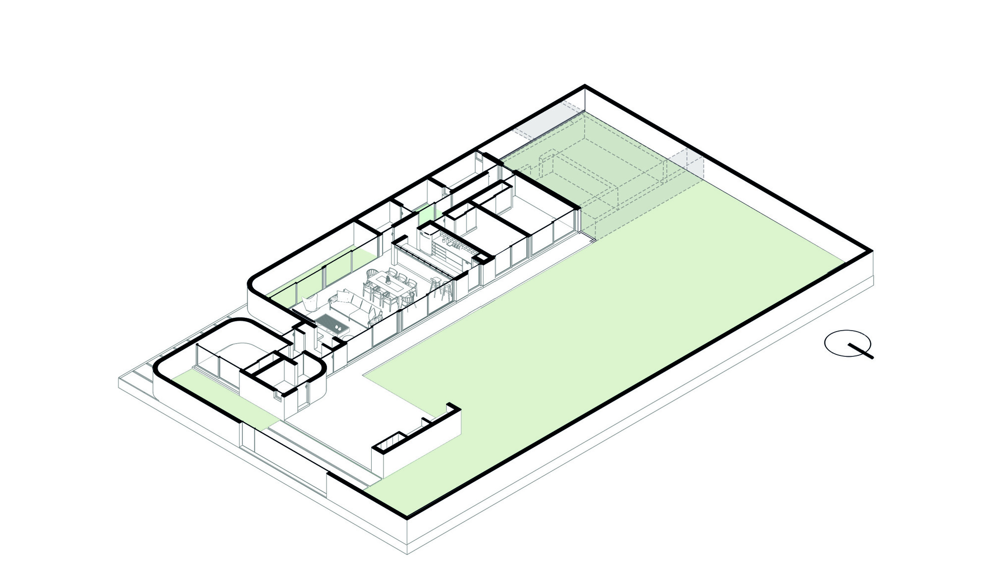 Axonometric plan drawing of an L-shaped house with interior furniture and walls, wrapped around a large green lawn within a walled plot