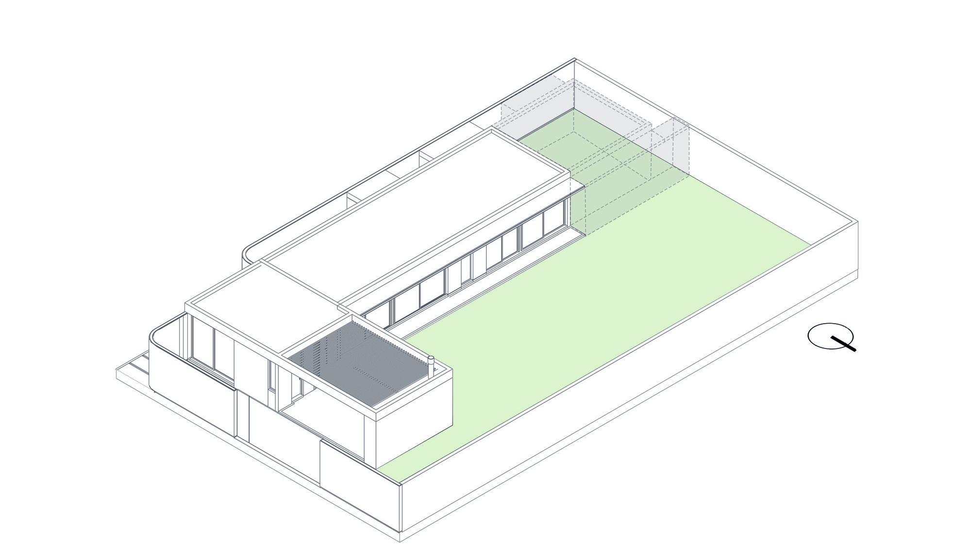 Axonometric drawing of the flat-roofed L-shaped volume with glazed lawn-facing wall and a dark pergola over the corner terrace